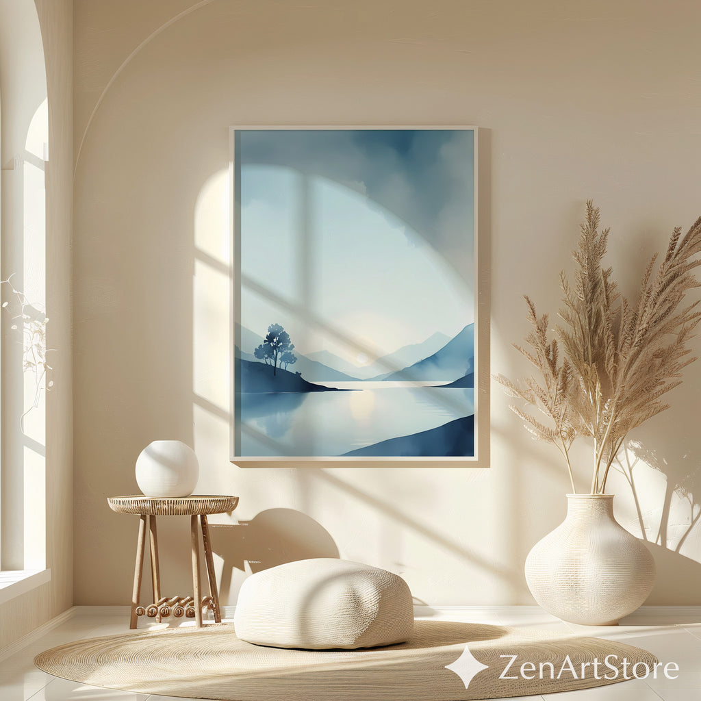 Calm Blue Lake Landscape Print - Minimal Sunrise Wall Art for Scandinavian Japandi Home Decor