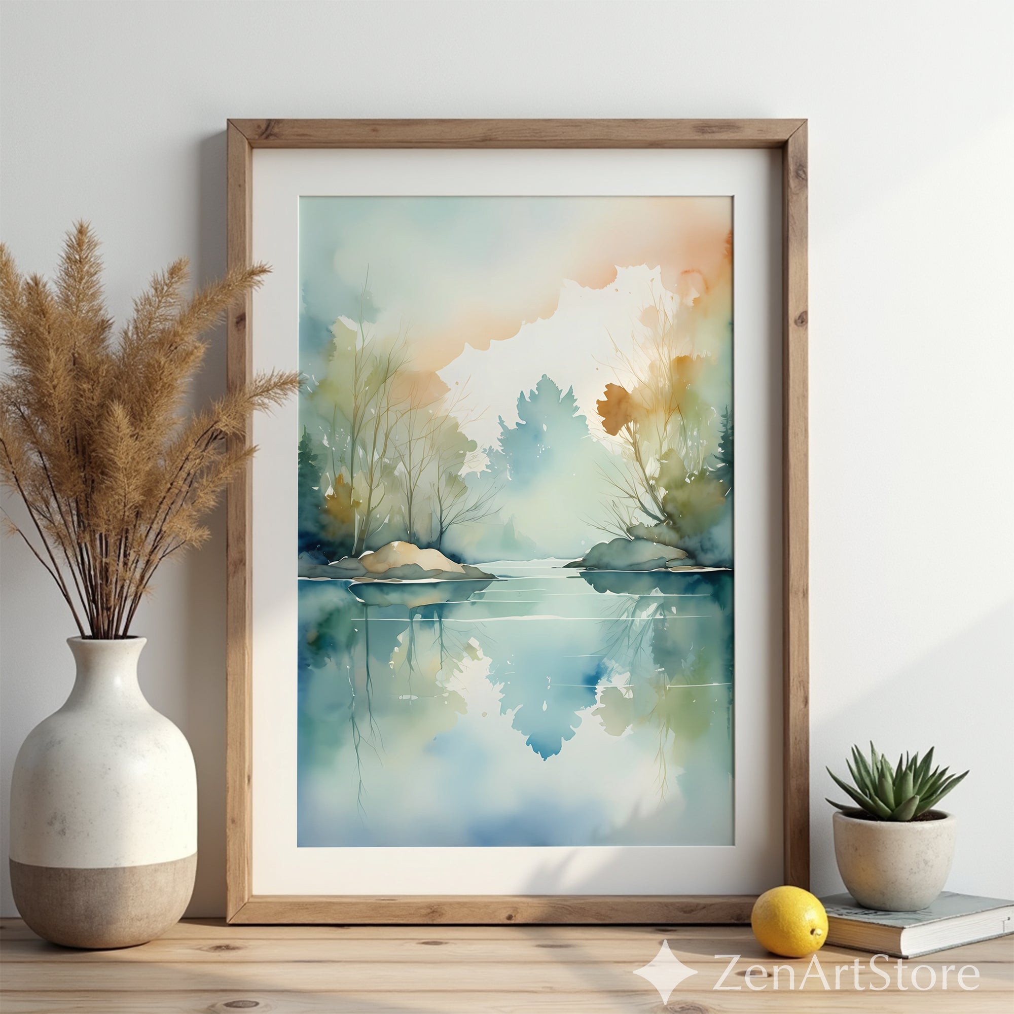 Serene Watercolor Lake Reflection Print - Minimal Zen Landscape Wall Art for Living Room, Japandi Neutral Home Decor