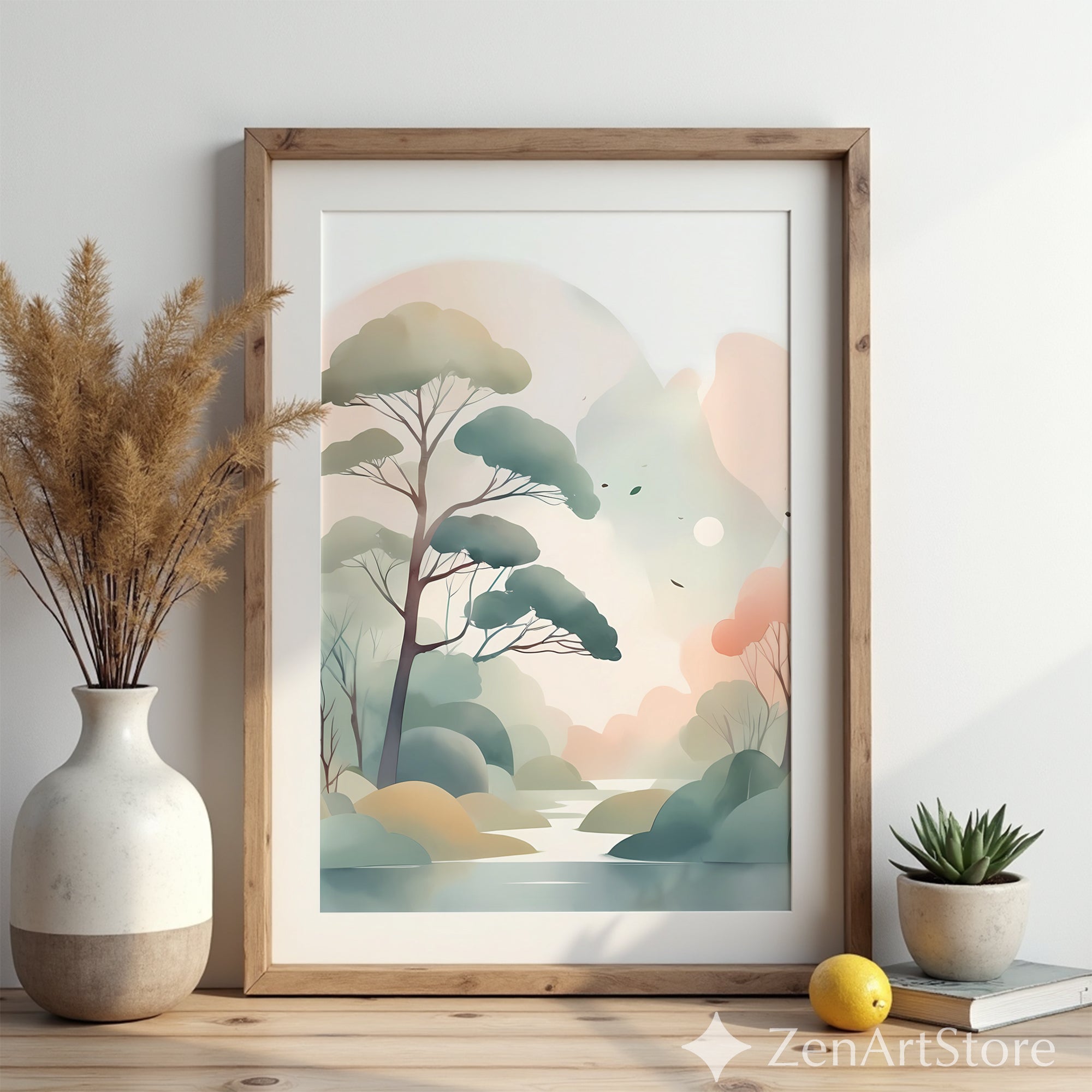 Serene Pastel Landscape Wall Art - Minimal Japandi Tree Print, Neutral Scandinavian Zen Botanical for Living Room & Bedroom