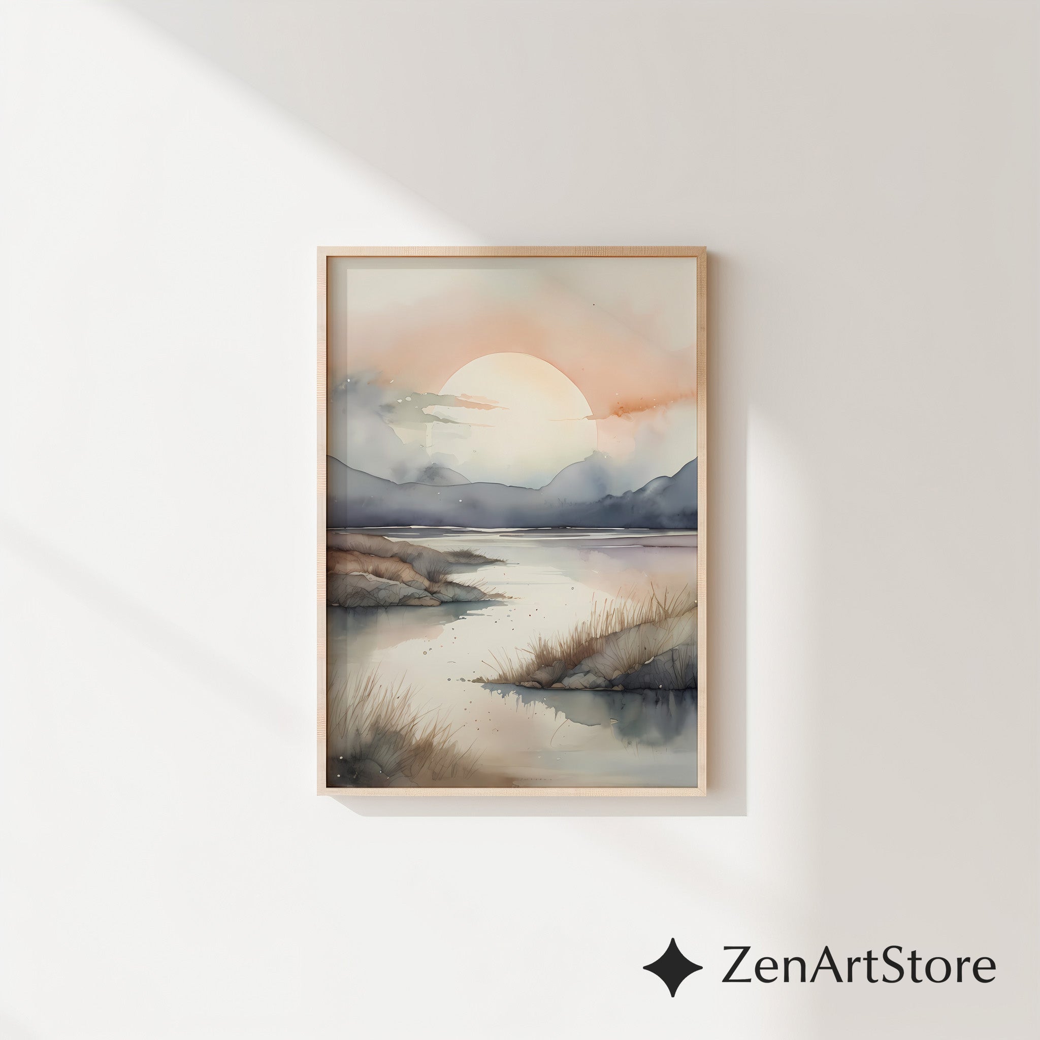 Serene Sunrise Watercolor Landscape Print - Neutral Japandi Minimal Wall Art for Living Room