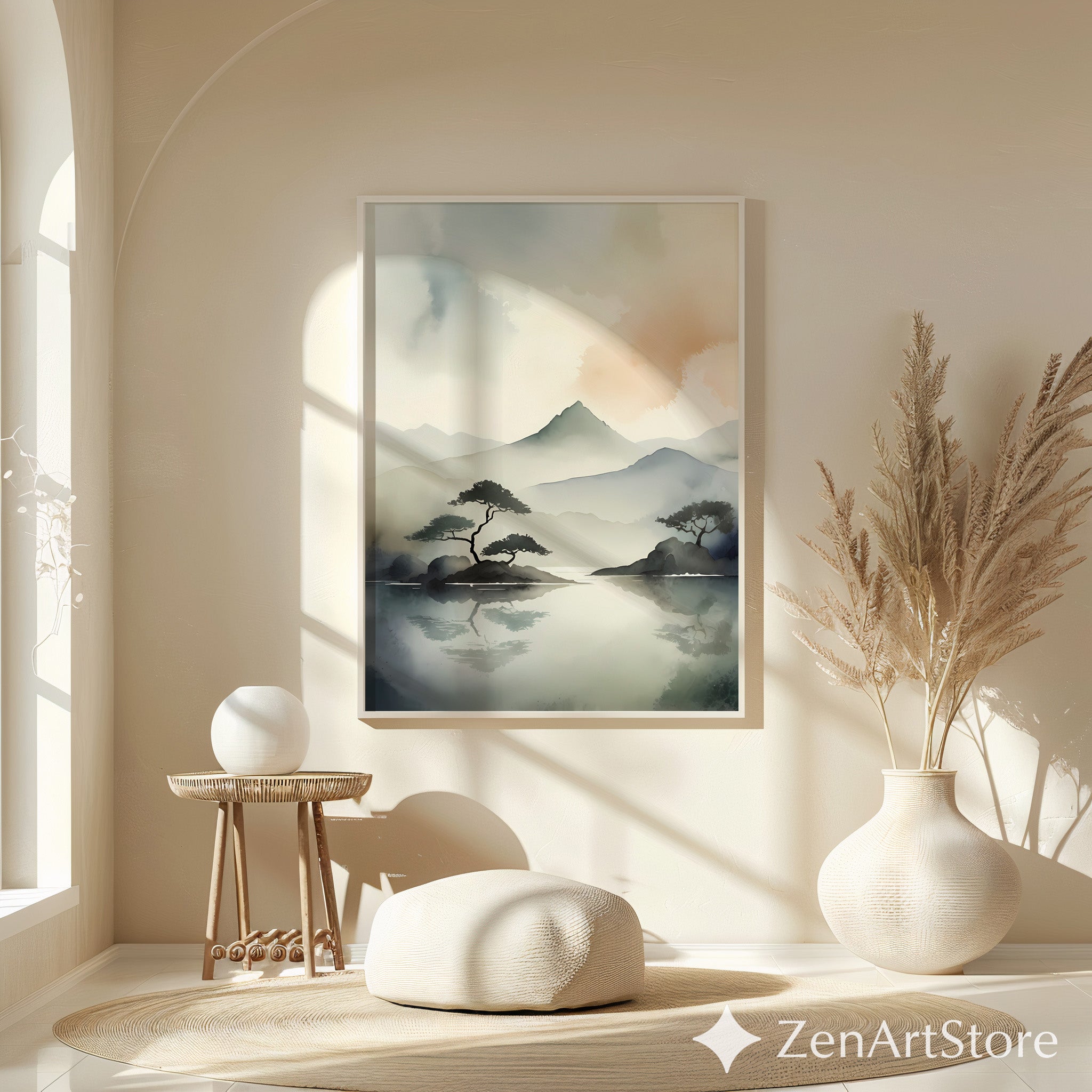 Zen Minimal Watercolor Mountain Print - Japandi Neutral Landscape Wall Art for Living Room