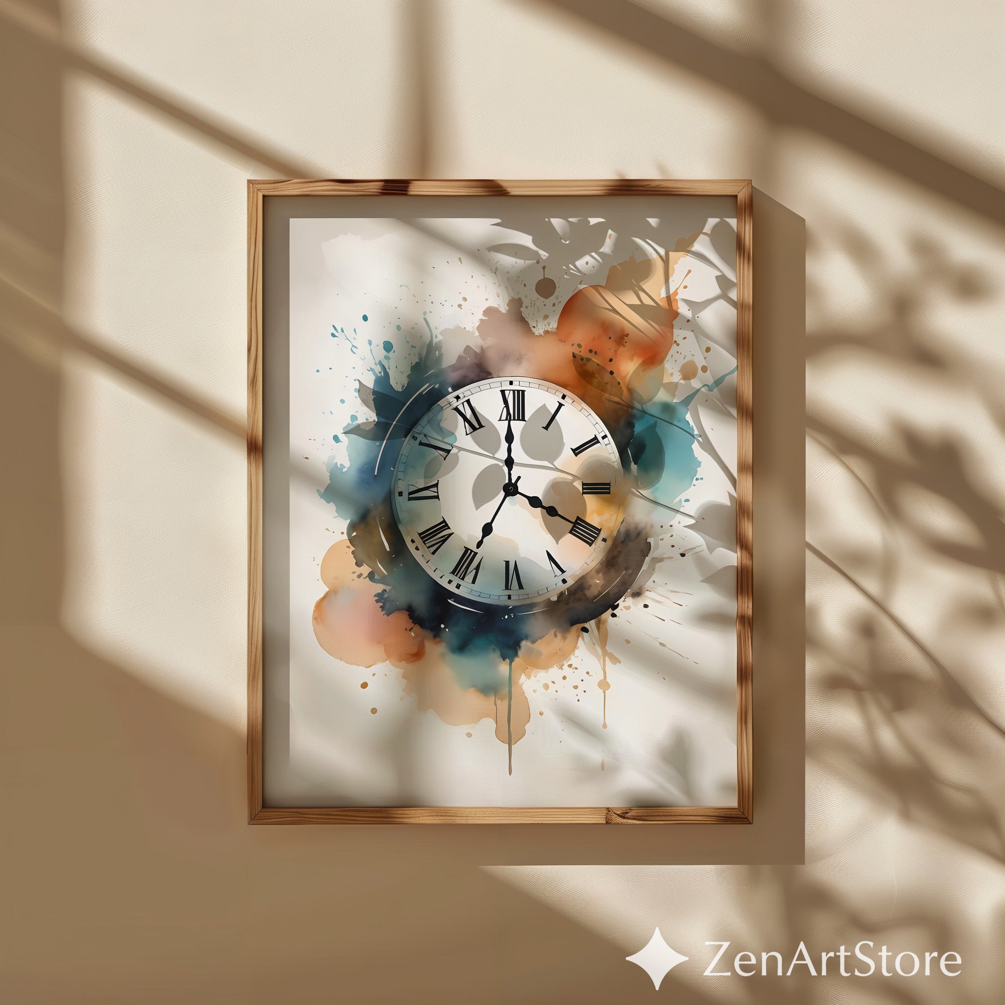 Watercolor Clock Print Timeless Abstract Wall Art Neutral Teal Beige | Modern Japandi Wabi Sabi Home Decor