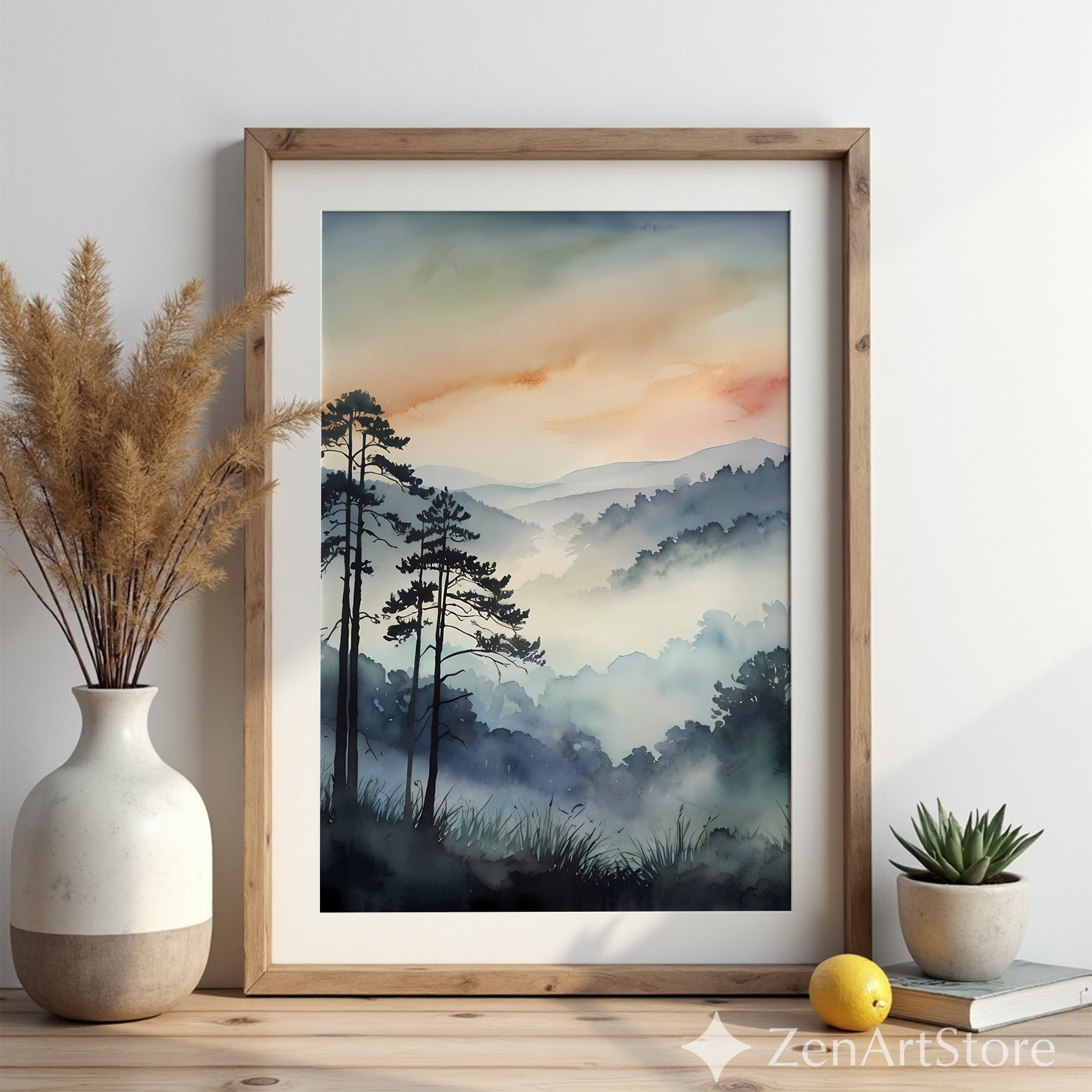 Misty Mountain Sunrise Watercolor Print | Zen Japandi Wall Art, Minimal Tree Silhouette Landscape, Neutral Home Decor Printable