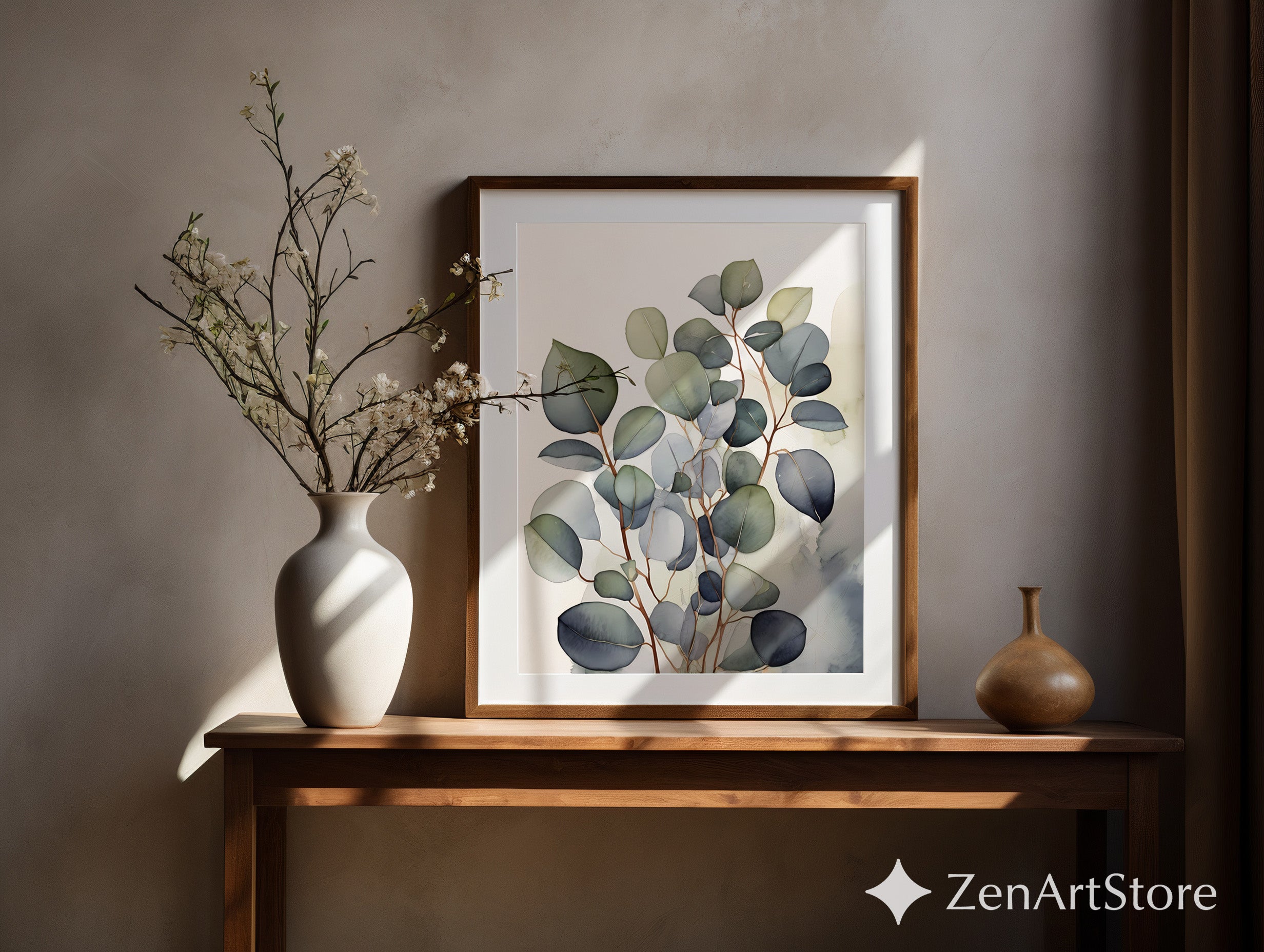 Eucalyptus Botanical Wall Art Print - Neutral Minimalist Scandinavian Japandi Watercolor Line Art, Printable & Fine Art