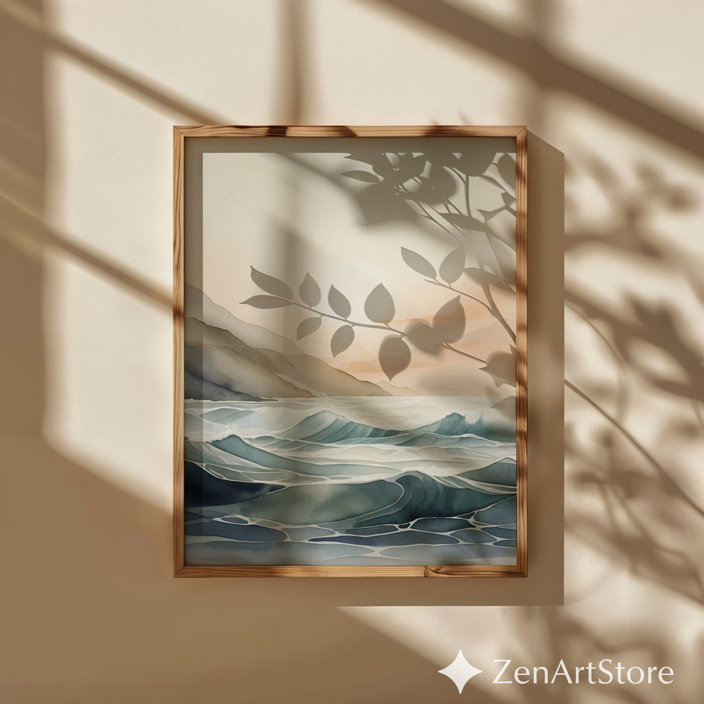 Calm Coastal Sunrise Seascape - Minimal Japandi Ocean Wall Art, Neutral Beige & Blue Landscape Print for Living Room