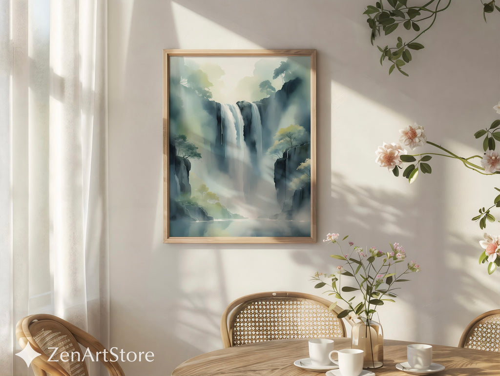 Misty Waterfall Wall Art Printable — Zen Japandi Landscape, Minimal Neutral Nature Print for Living Room & Bedroom