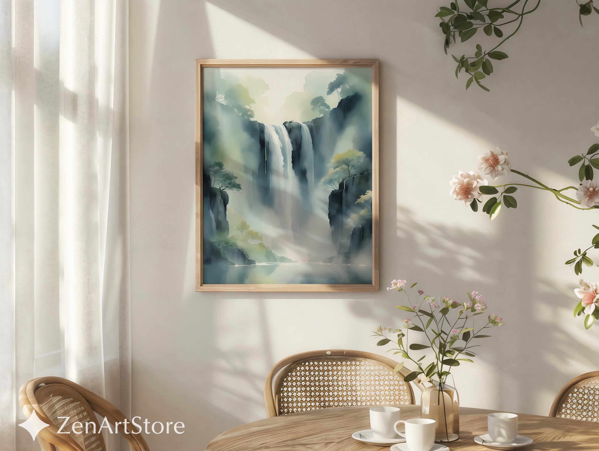 Misty Waterfall Wall Art Printable — Zen Japandi Landscape, Minimal Neutral Nature Print for Living Room & Bedroom