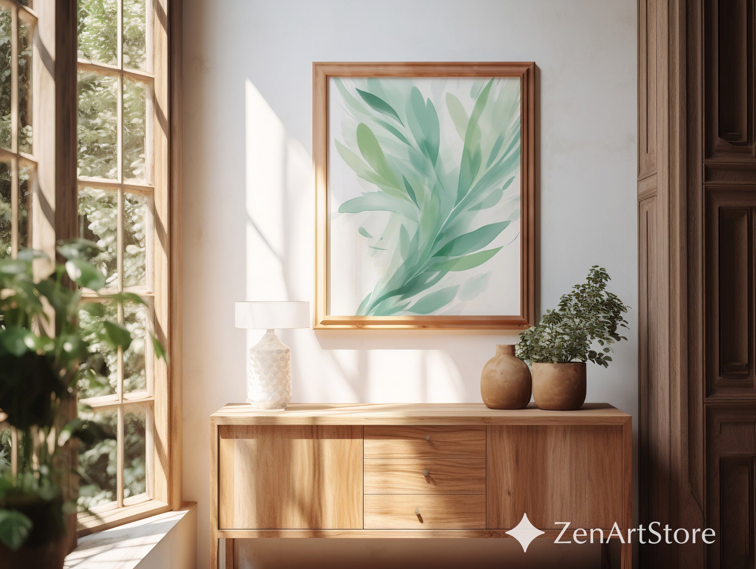 Serene Mint Botanical Art Print - Abstract Green Leaf Wall Art, Minimal Modern Home Decor, Zen Japandi Scandinavian Printable