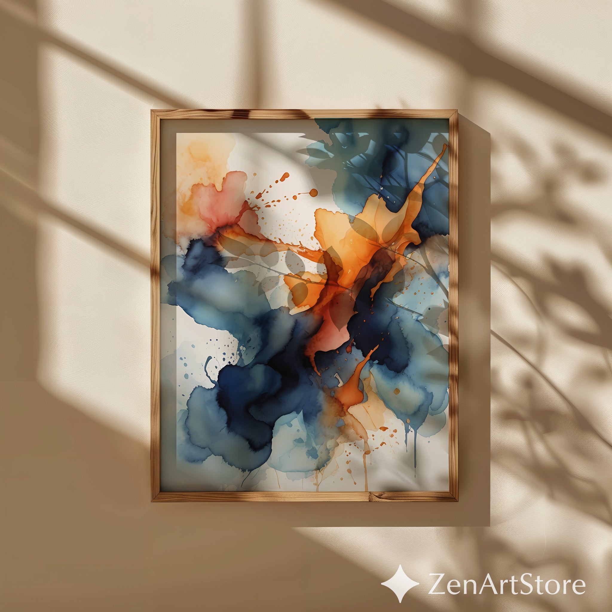Abstract Navy & Orange Wall Art - Modern Alcohol Ink Print, Large Blue Orange Canvas, Minimal Japandi Home Decor