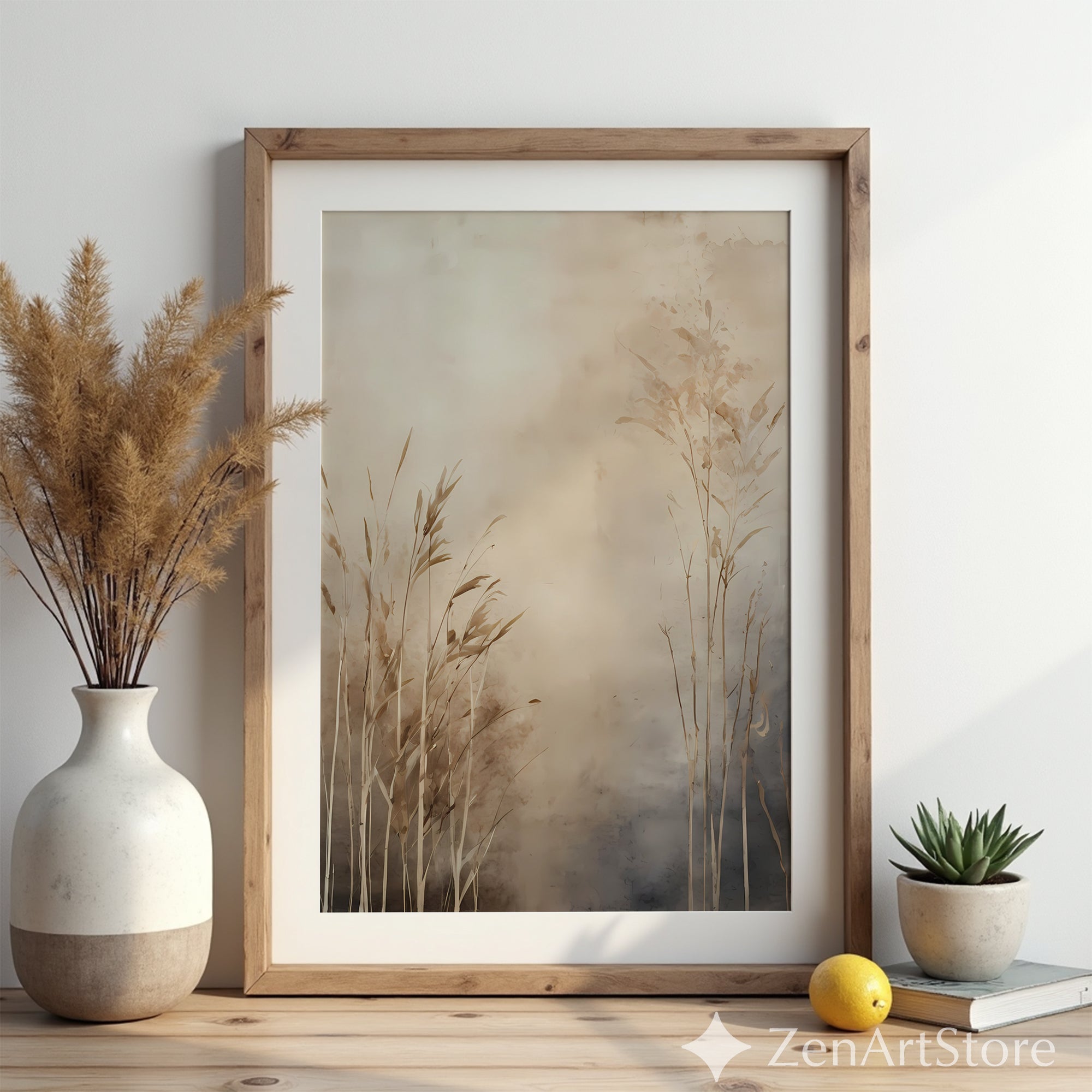 Neutral Botanical Wall Art — Beige Minimal Grass Print, Japandi Wabi Sabi Landscape for Living Room & Bedroom