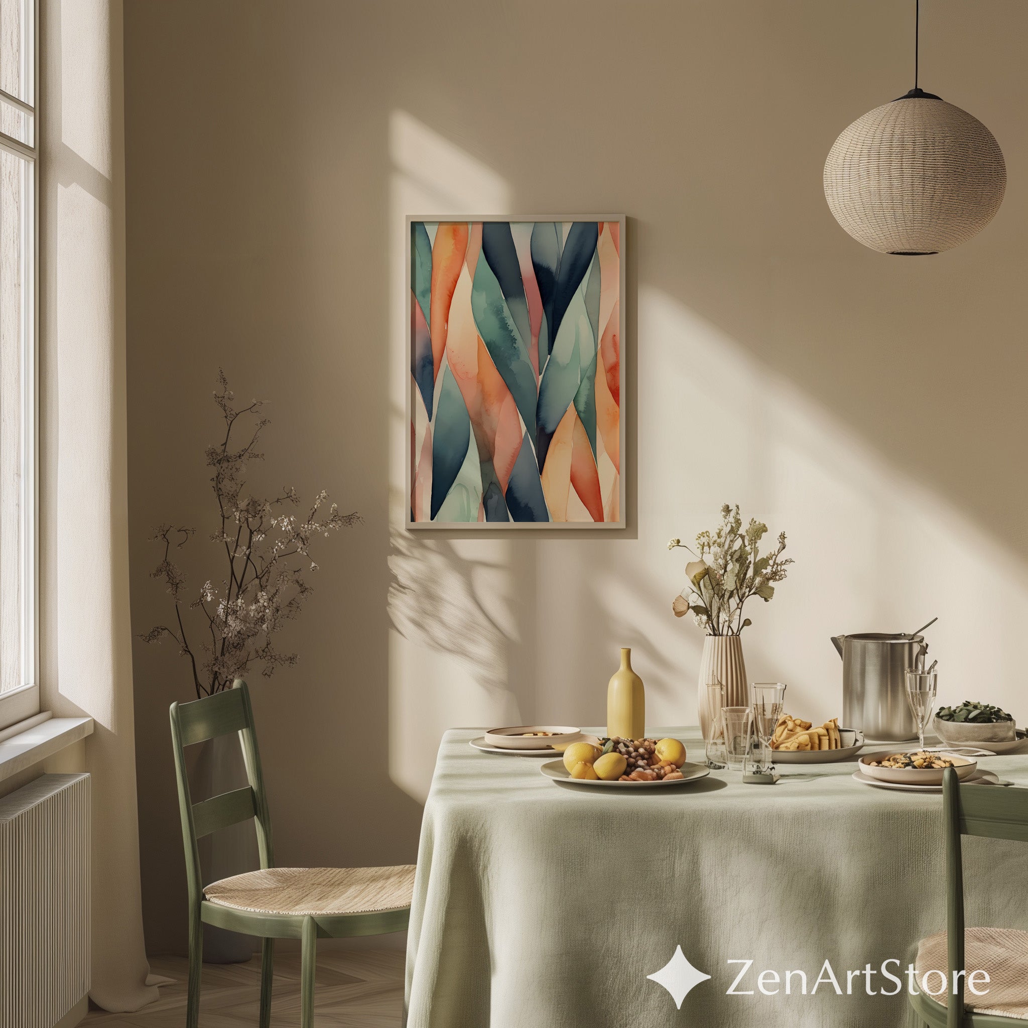 Abstract Watercolor Leaf Art Print - Teal Coral Minimal Botanical Wall Decor for Modern Living Room