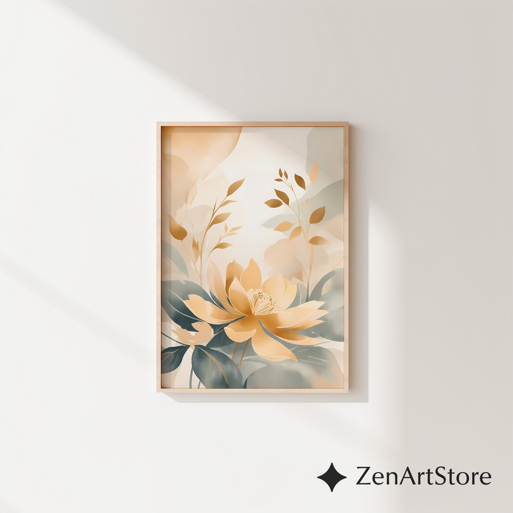 Golden Lotus Botanical Wall Art - Neutral Beige & Sage Floral Print, Japandi Minimalist Abstract Flower Poster