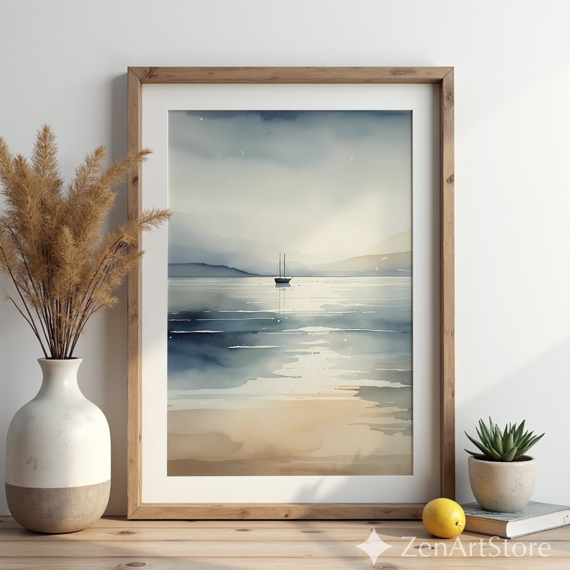 Minimal Watercolor Seascape Print with Lone Sailboat - Serene Neutral Coastal Wall Art for Living Room, Bedroom, Japandi Decor