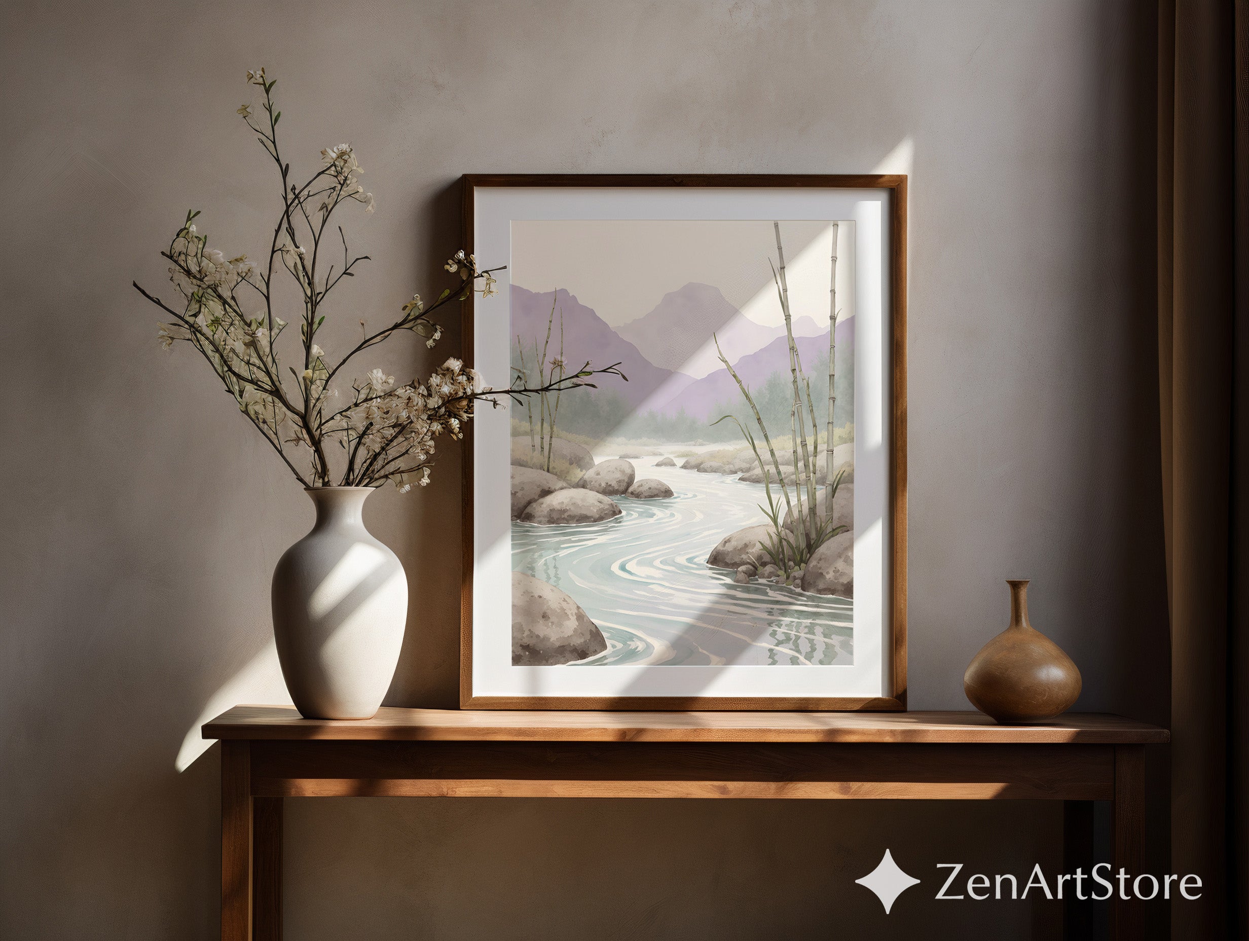 Calming Bamboo River Watercolor Print - Zen Landscape Wall Art for Japandi, Minimal & Scandinavian Home Decor