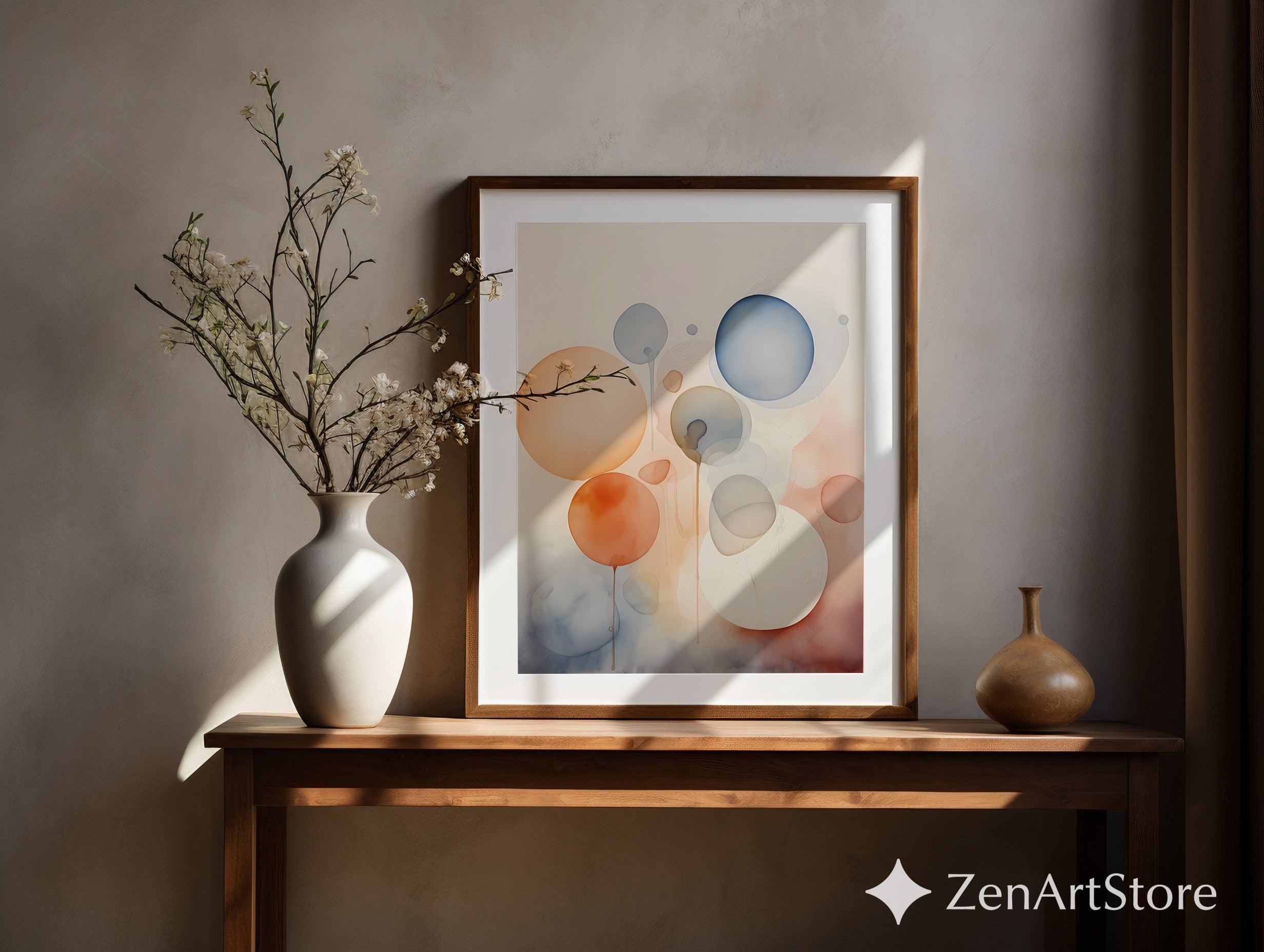 Minimalist Abstract Circles Art - Neutral Watercolor Wall Art in Beige Blue Orange for Japandi Scandinavian Boho Home Decor