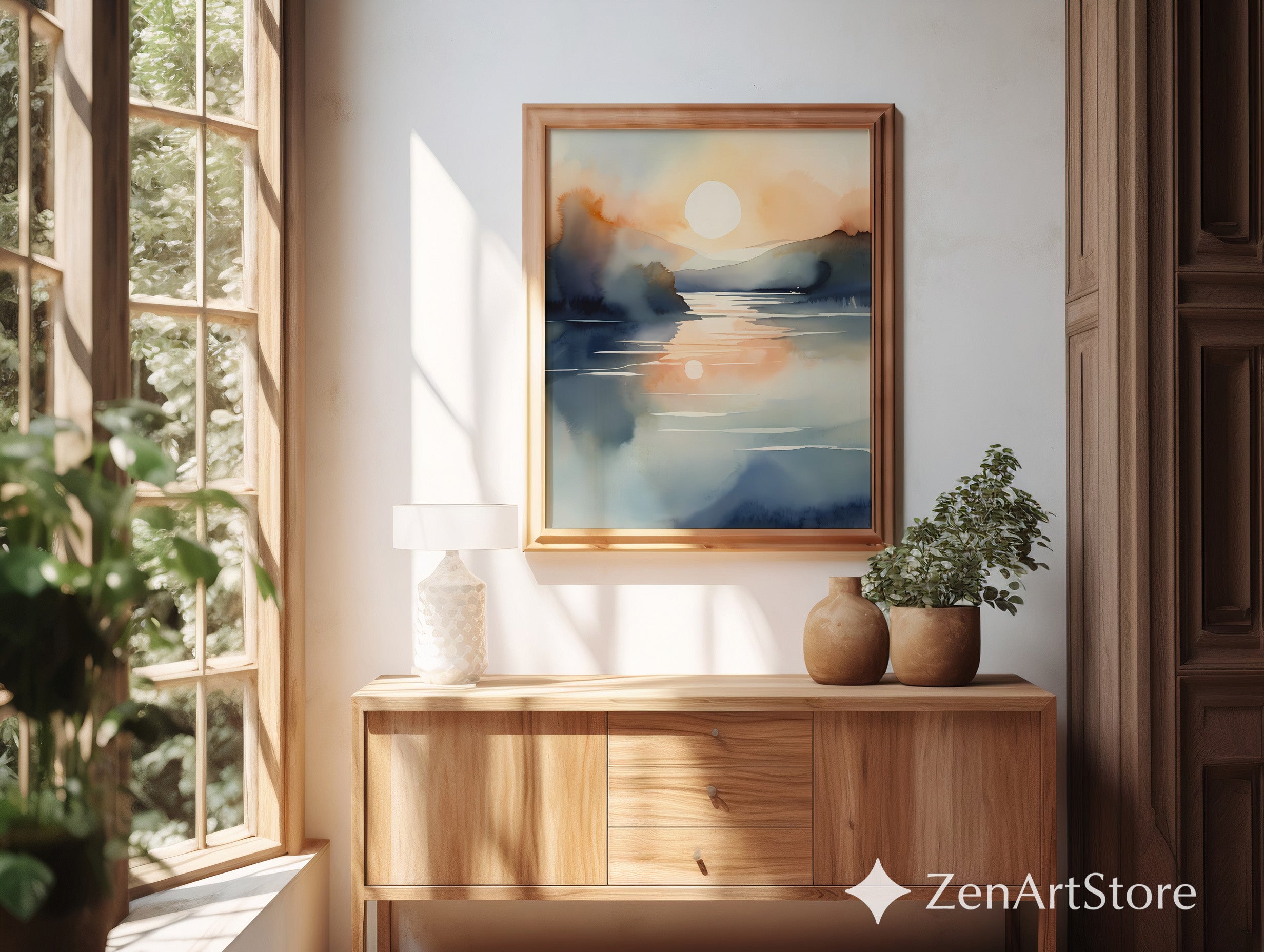 Serene Watercolor Sunset Lake Print – Minimal Neutral Landscape Art for Living Room, Bedroom, Japandi Decor