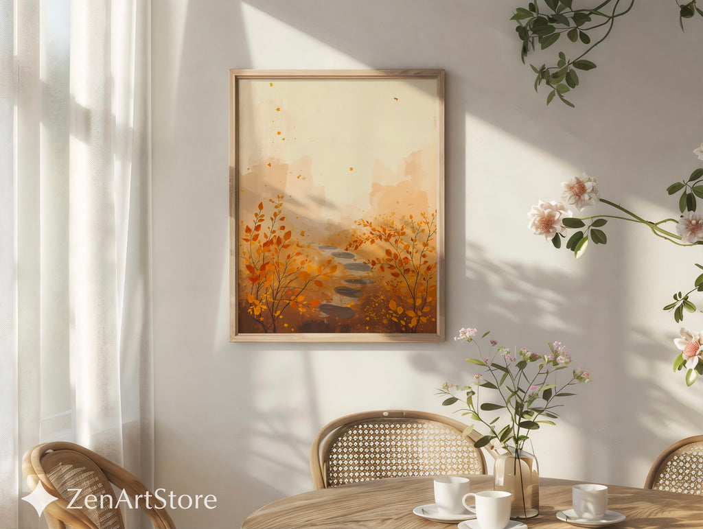 Autumn Path Wall Art - Minimal Fall Landscape Print, Japandi Beige Orange Botanical Home Decor