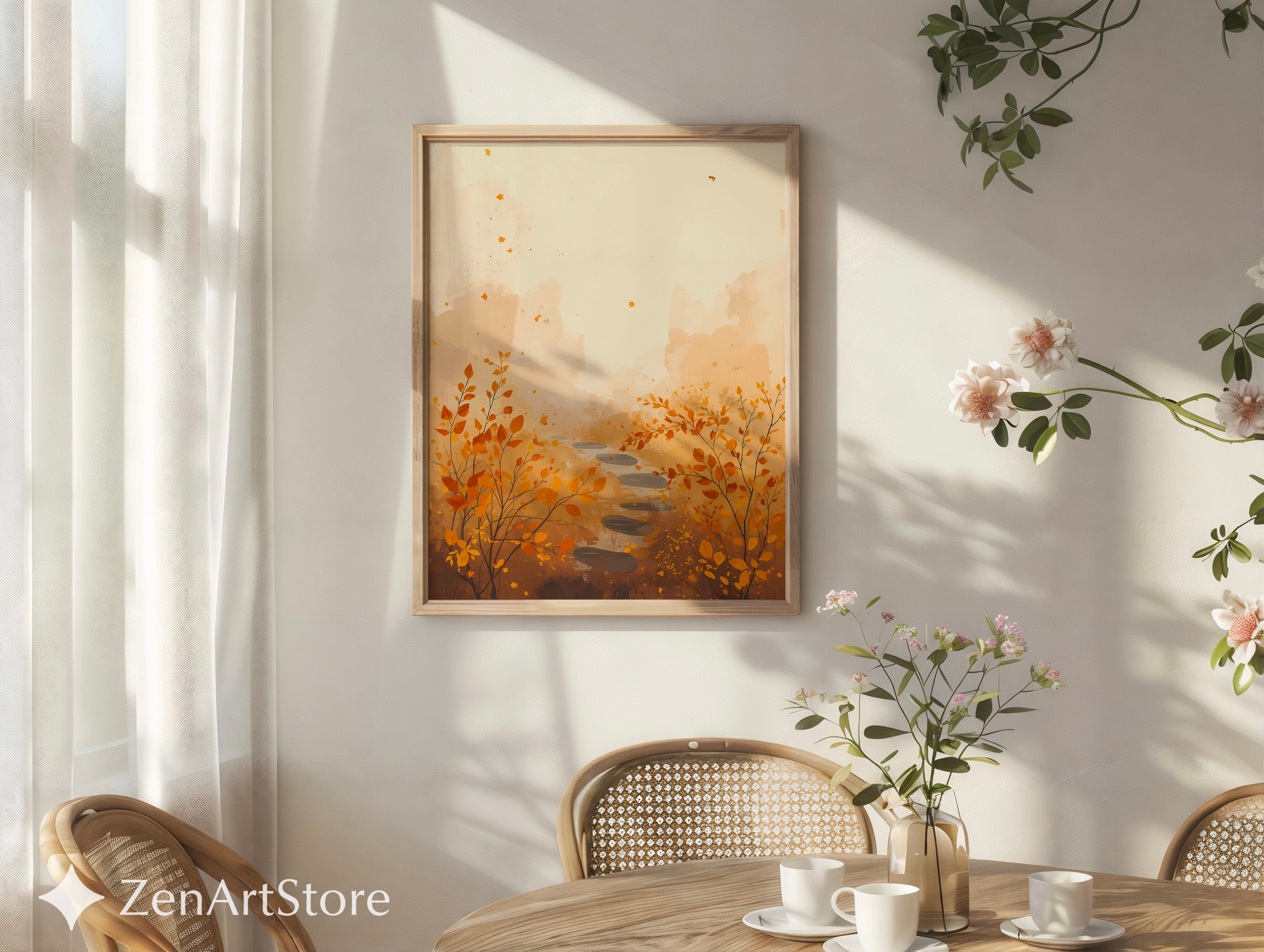Autumn Path Wall Art - Minimal Fall Landscape Print, Japandi Beige Orange Botanical Home Decor