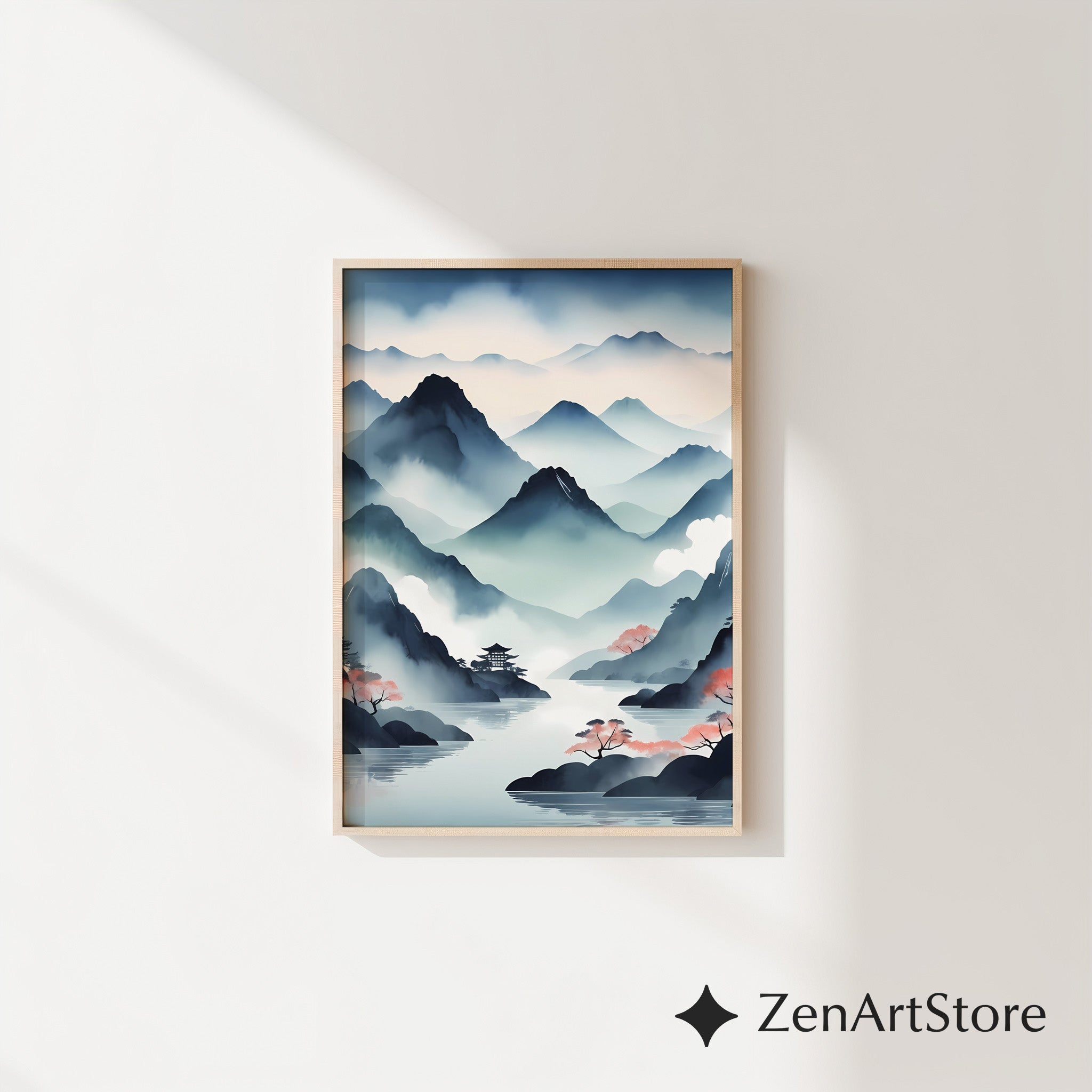 Misty Mountain Japanese Landscape Print - Zen Japandi Watercolor Wall Art for Living Room