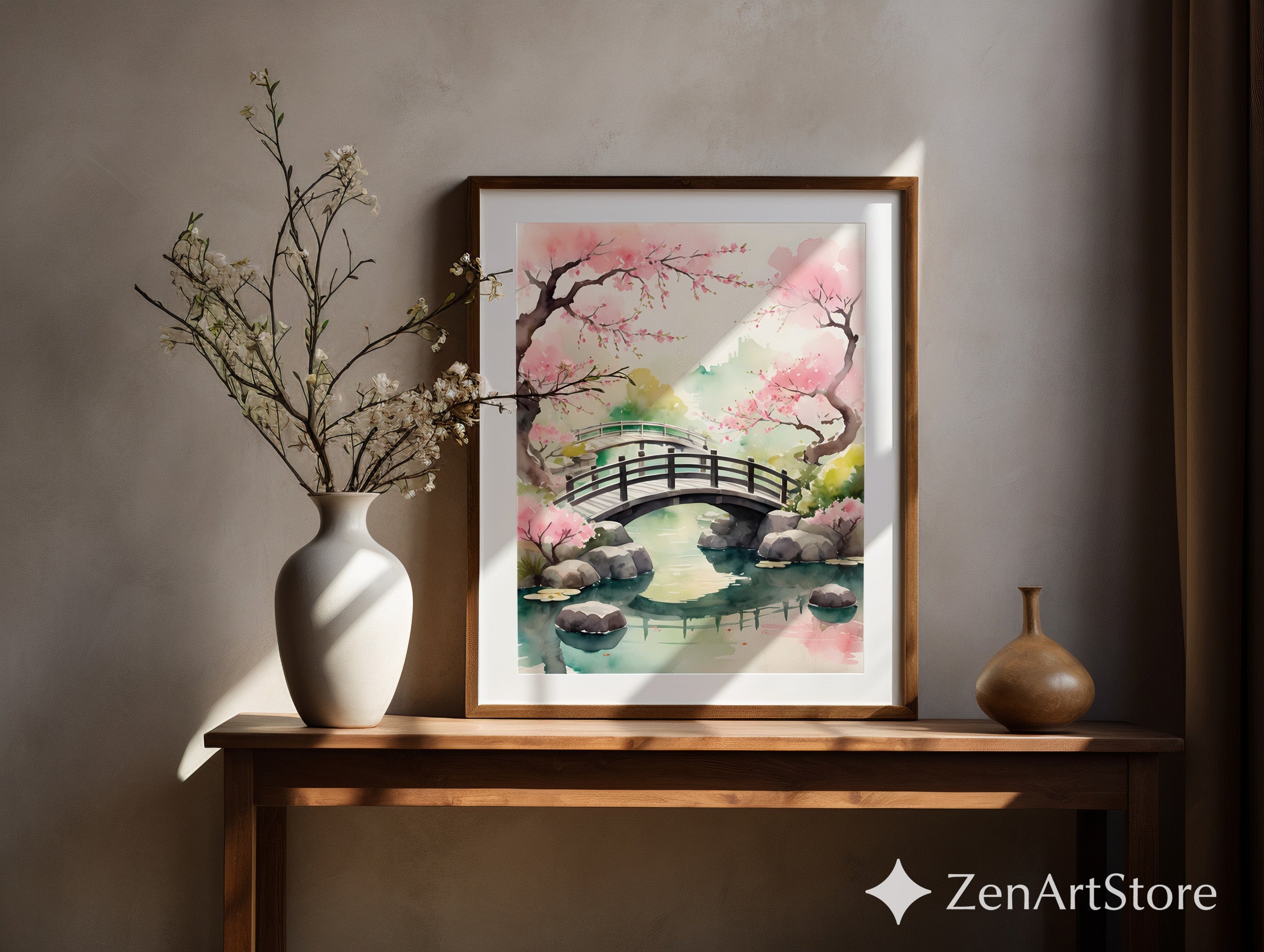 Cherry Blossom Bridge Watercolor Print - Japanese Garden Wall Art, Zen Japandi Minimalist Home Decor