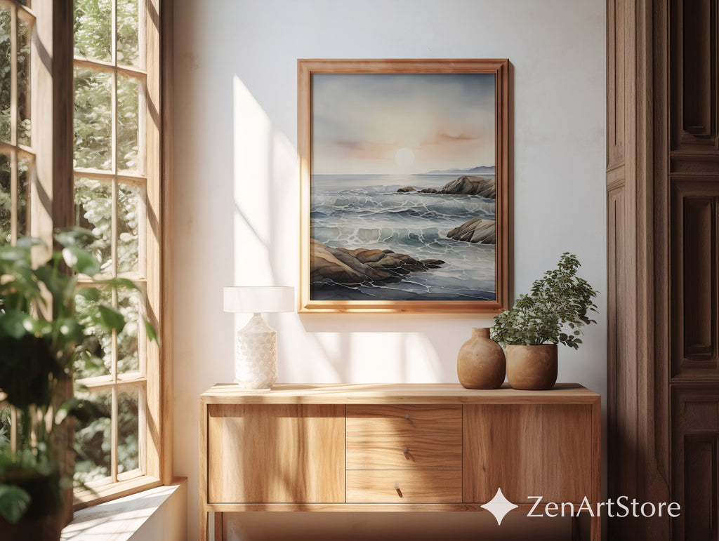 Minimal Coastal Seascape Print - Serene Ocean Waves & Rocky Shore | Neutral Beige Blue Japandi Wall Art for Calm Home Decor