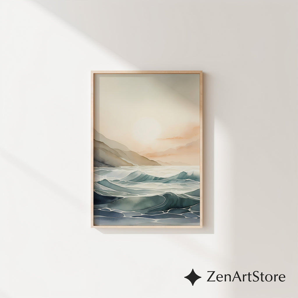 Calm Coastal Sunrise Seascape - Minimal Japandi Ocean Wall Art, Neutral Beige & Blue Landscape Print for Living Room