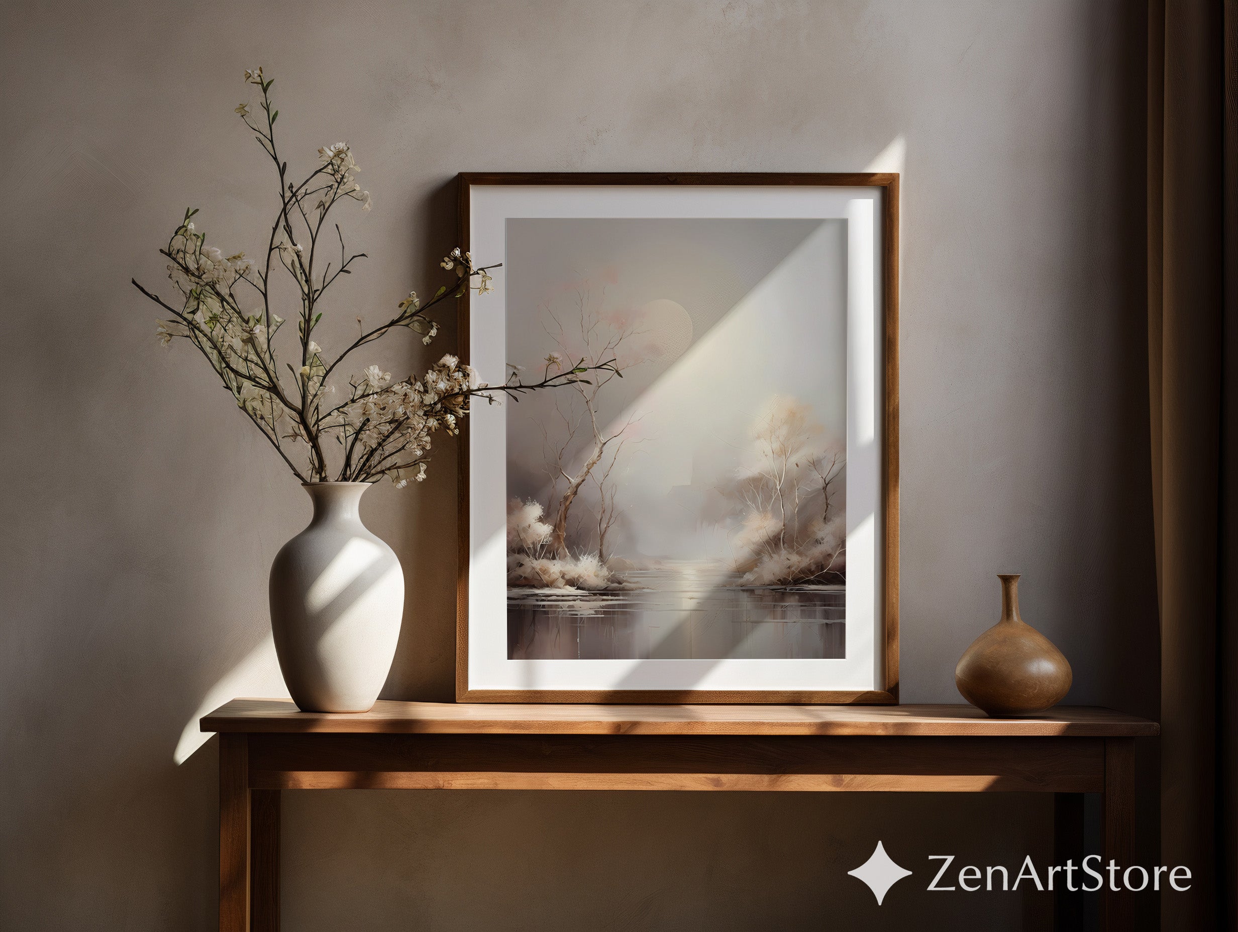 Moonlit Minimal Landscape Art Print - Japandi Neutral Wall Decor, Calming Beige & Blush Tree Canvas for Living Room or Bedroom