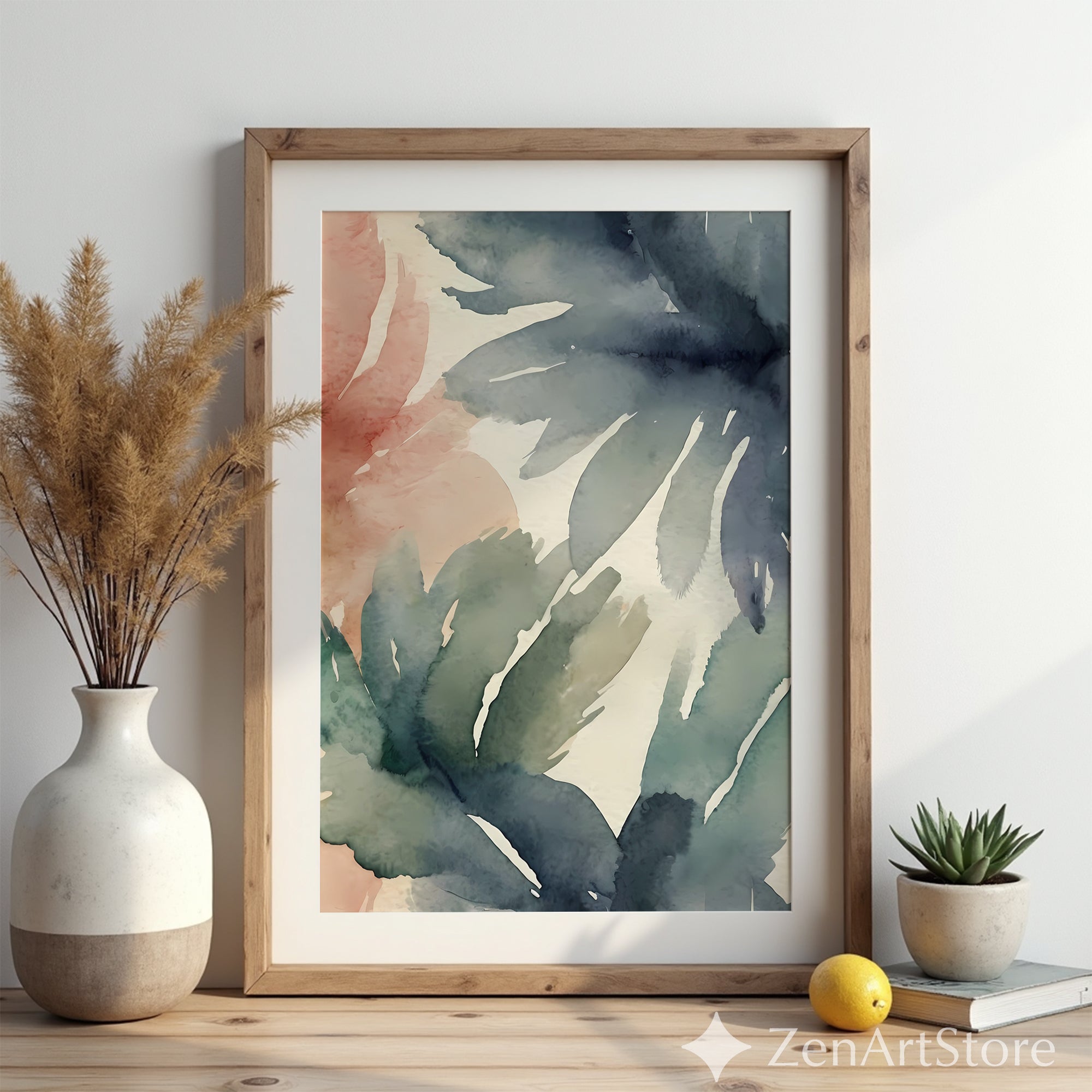 Muted Watercolor Leaf Print - Abstract Botanical Wall Art in Blue Green Terracotta - Minimal Japandi Wabi Sabi Home Decor