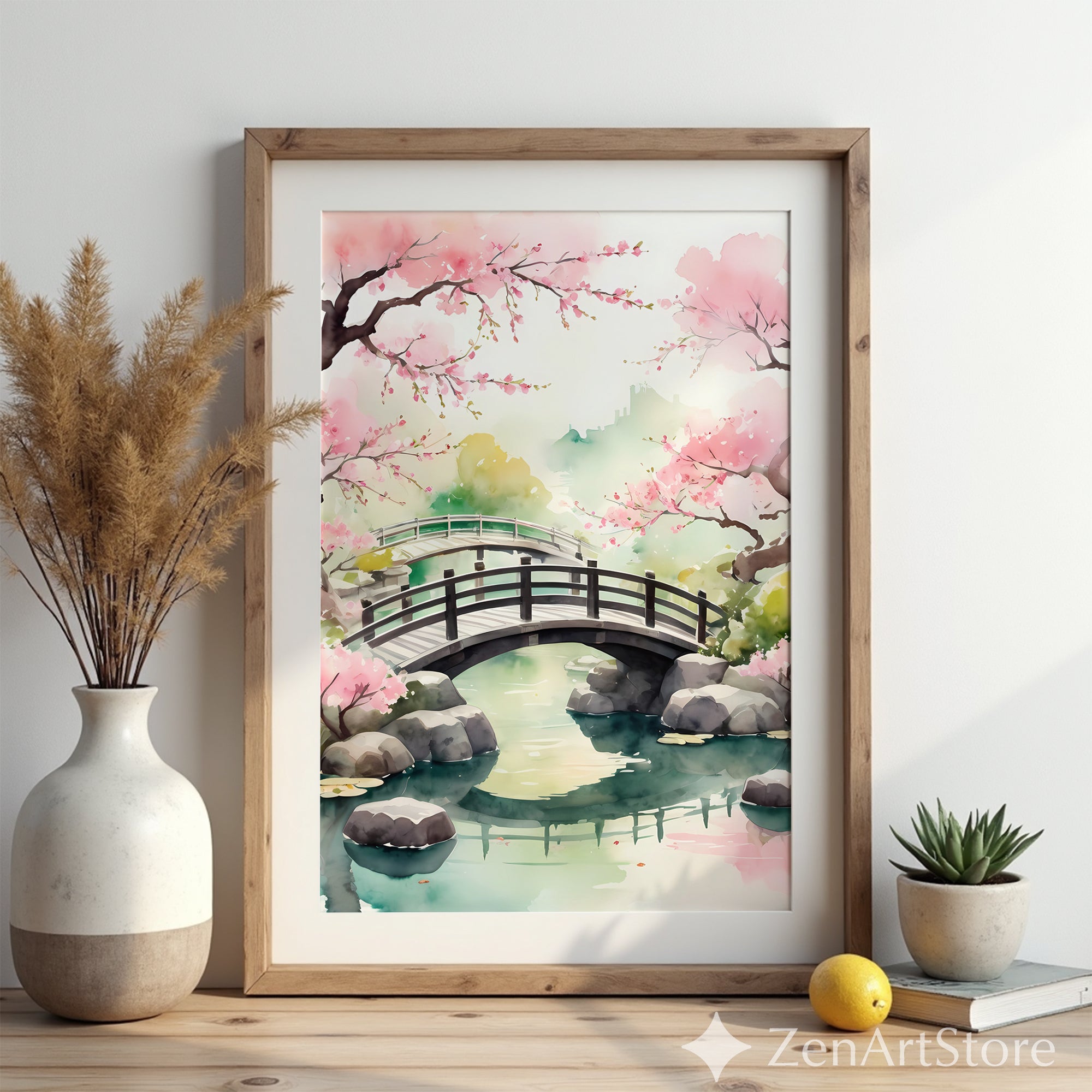 Cherry Blossom Bridge Watercolor Print - Japanese Garden Wall Art, Zen Japandi Minimalist Home Decor