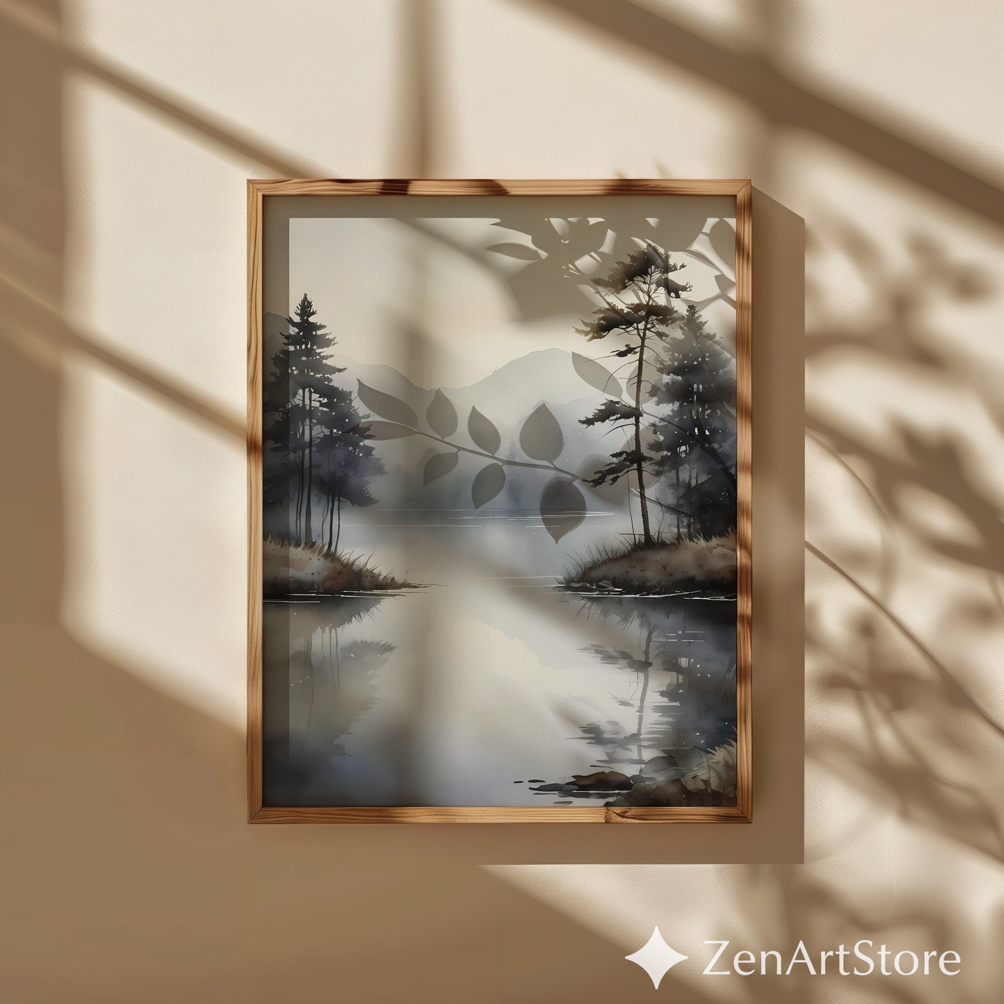 Misty Lake Minimalist Wall Art - Neutral Japandi Landscape Print, Calm Scandinavian Zen Decor for Living Room, Bedroom & Office