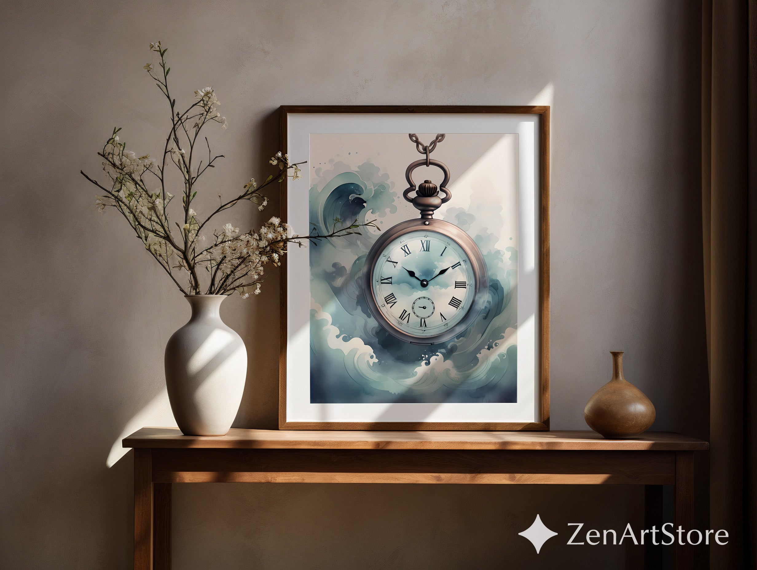 Vintage Pocket Watch Ocean Waves Print - Nautical Wall Art, Serene Blue Timepiece for Coastal, Japandi & Scandinavian Decor
