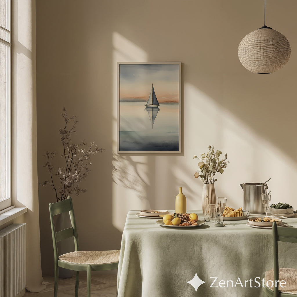 Minimal Sailboat Wall Art - Calm Coastal Watercolor Print, Scandinavian Japandi Neutral Seascape for Living Room & Bedroom