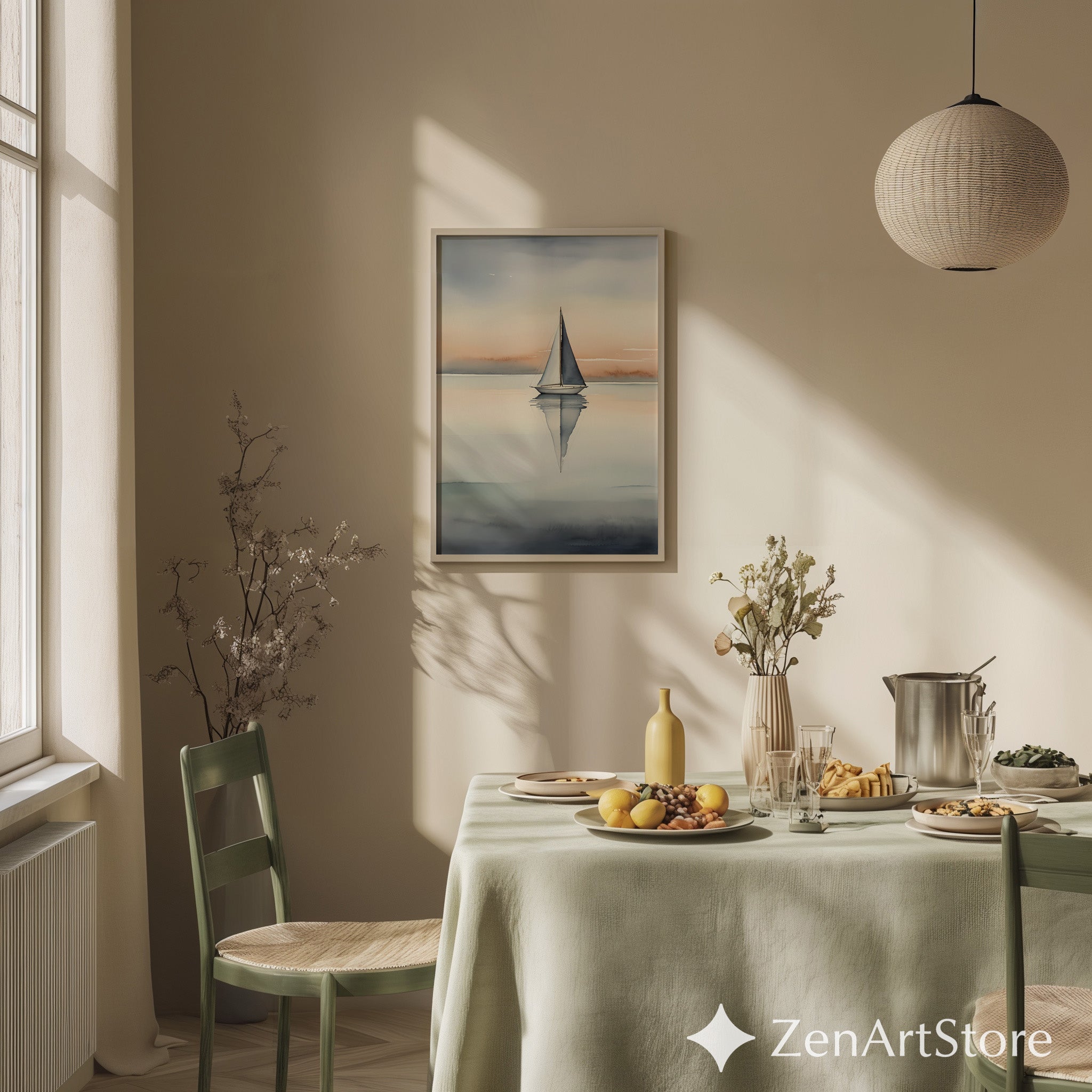 Minimal Sailboat Wall Art - Calm Coastal Watercolor Print, Scandinavian Japandi Neutral Seascape for Living Room & Bedroom