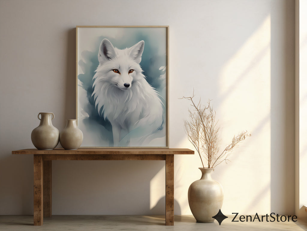 White Arctic Fox Wall Art - Minimal Scandinavian Japandi Fox Print, Neutral Modern Animal Portrait, Printable Digital Download for Home Decor