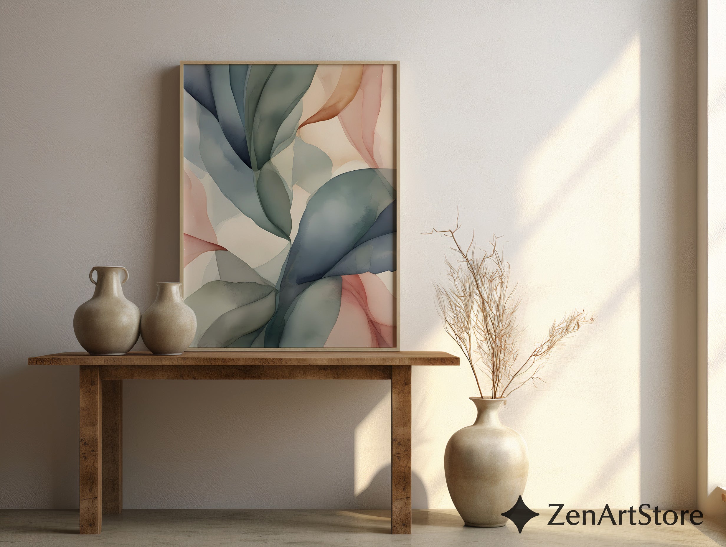 Abstract Botanical Leaf Wall Art - Neutral Japandi Minimalist Pastel Print for Living Room Bedroom Nursery