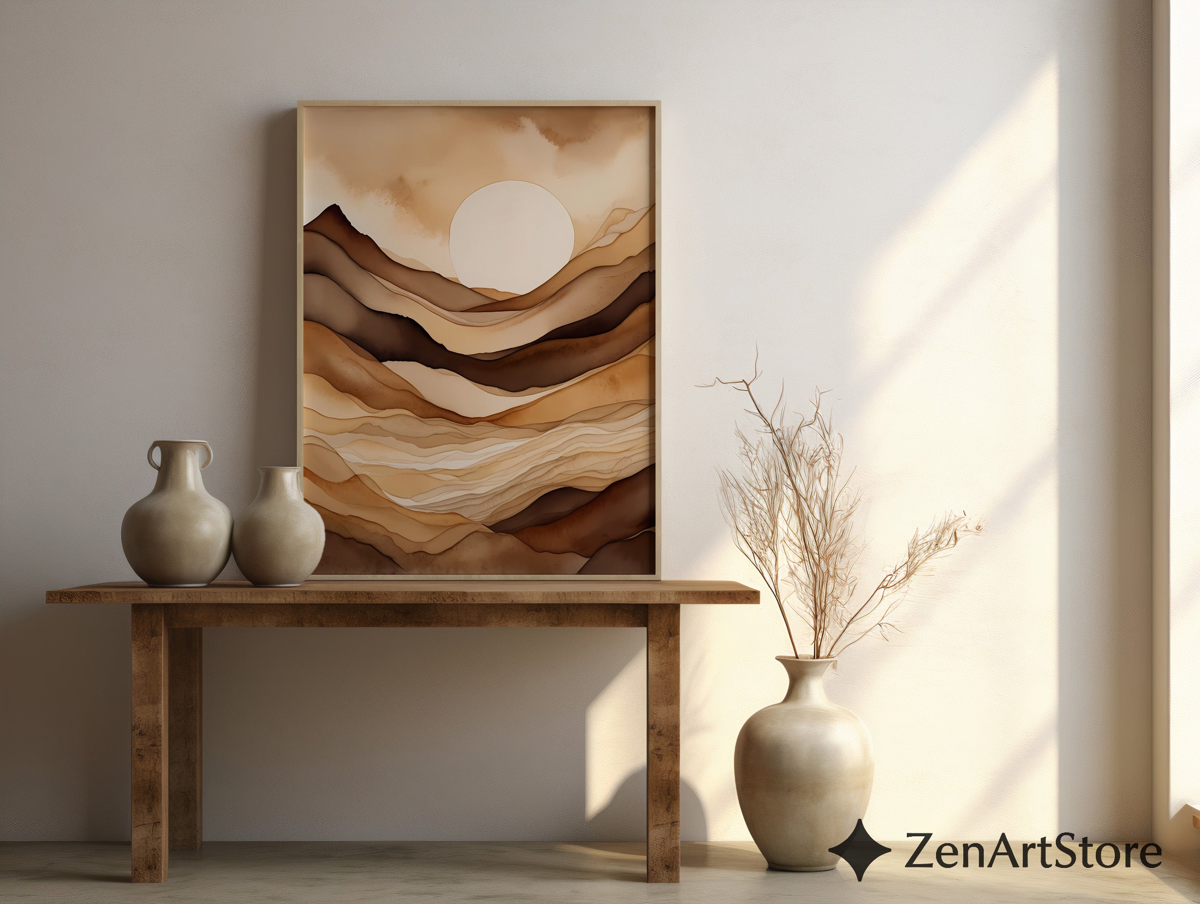 Neutral Abstract Landscape Wall Art - Beige Brown Minimalist Sun Print, Japandi Wabi Sabi Modern Home Decor, Printable or Canvas