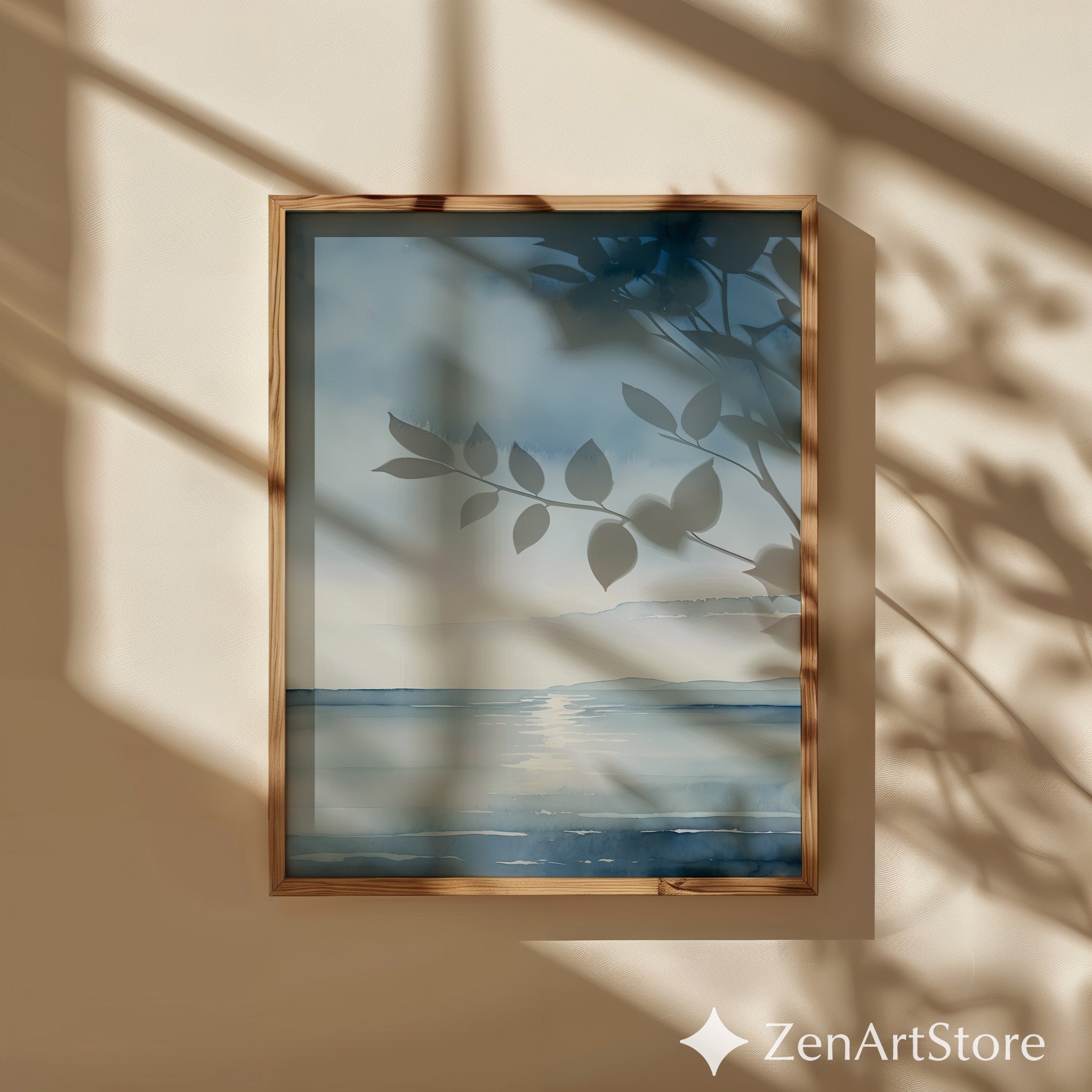 Calm Blue Seascape Watercolor Print - Minimal Coastal Wall Art for Living Room, Beach House, Japandi Decor