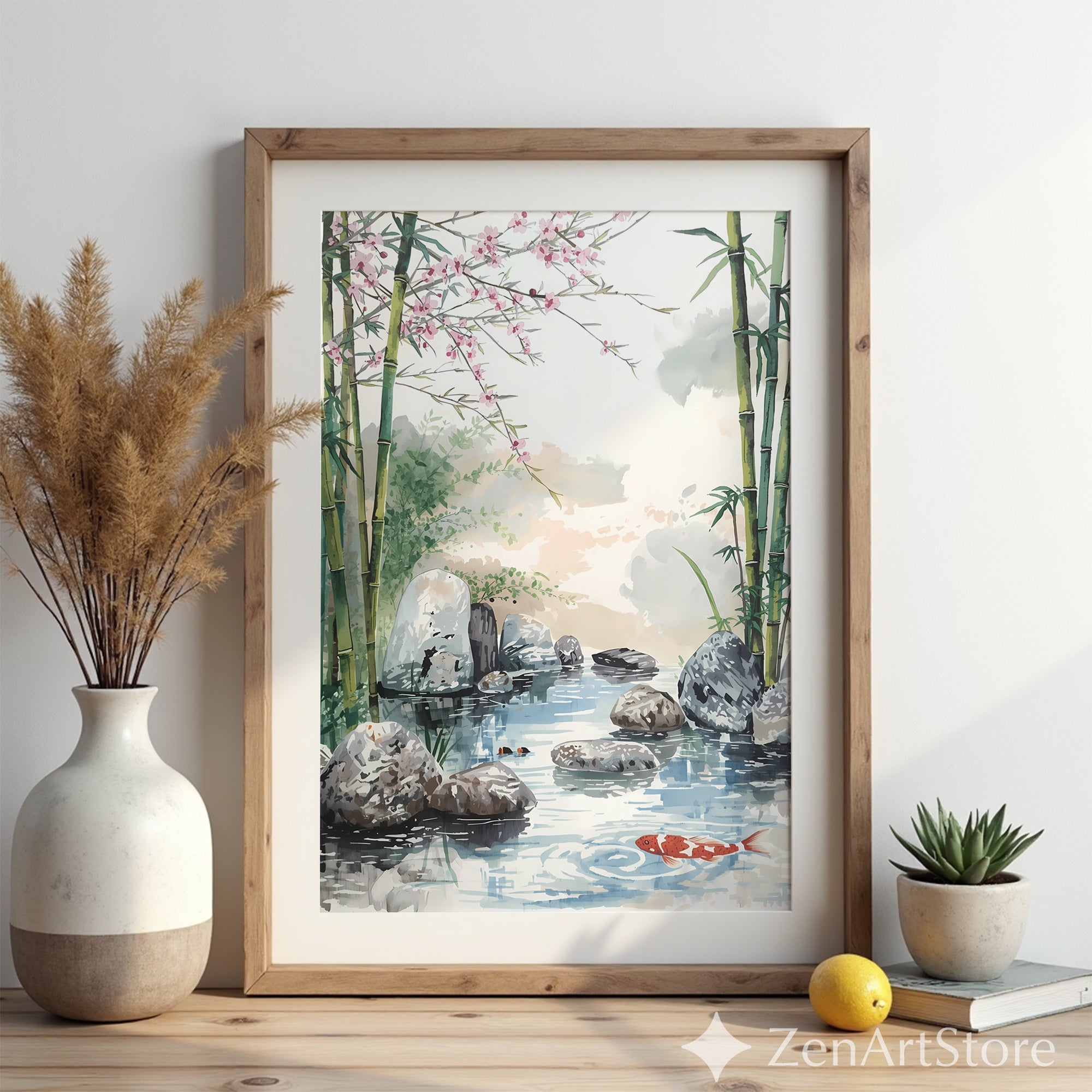 Zen Bamboo Koi Pond Watercolor Print - Japandi Wall Art with Cherry Blossoms for Calm Home Decor