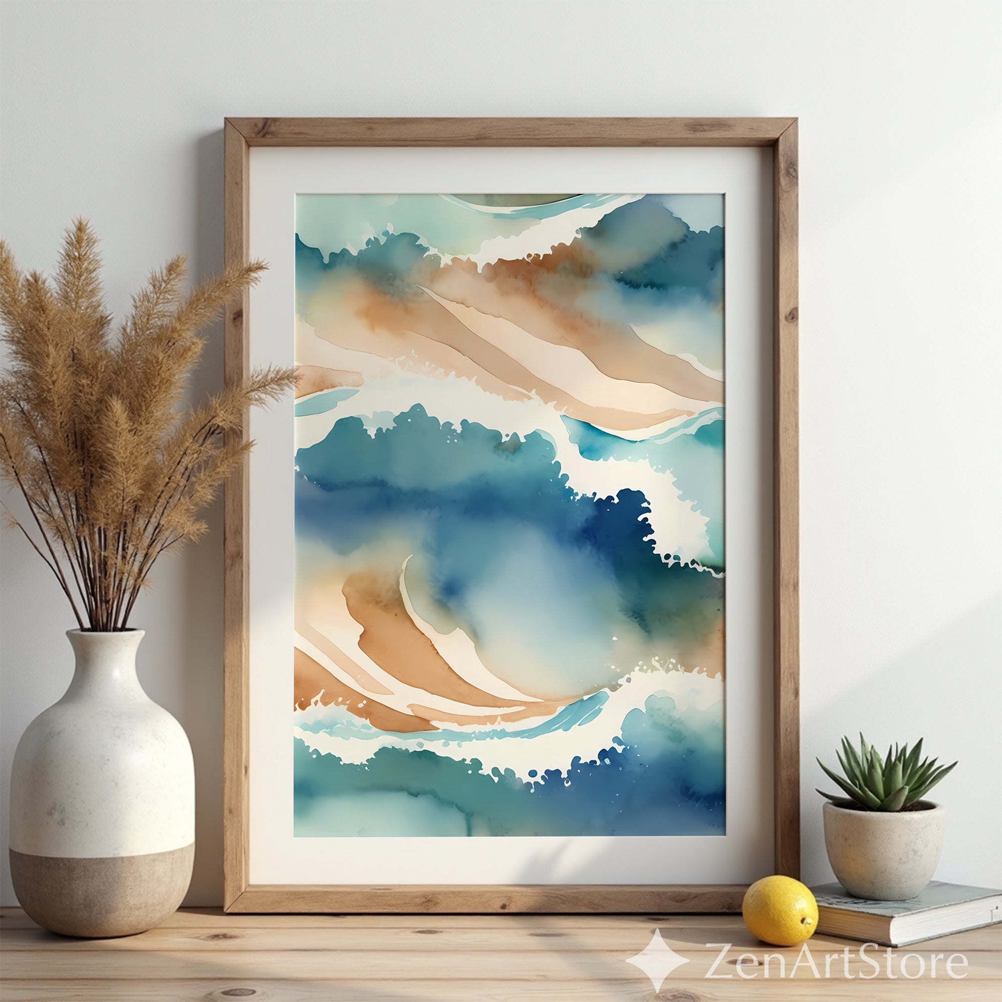 Abstract Ocean Waves Watercolor Print - Blue Beige Coastal Wall Art, Modern Japandi Zen Decor for Living Room & Bedroom