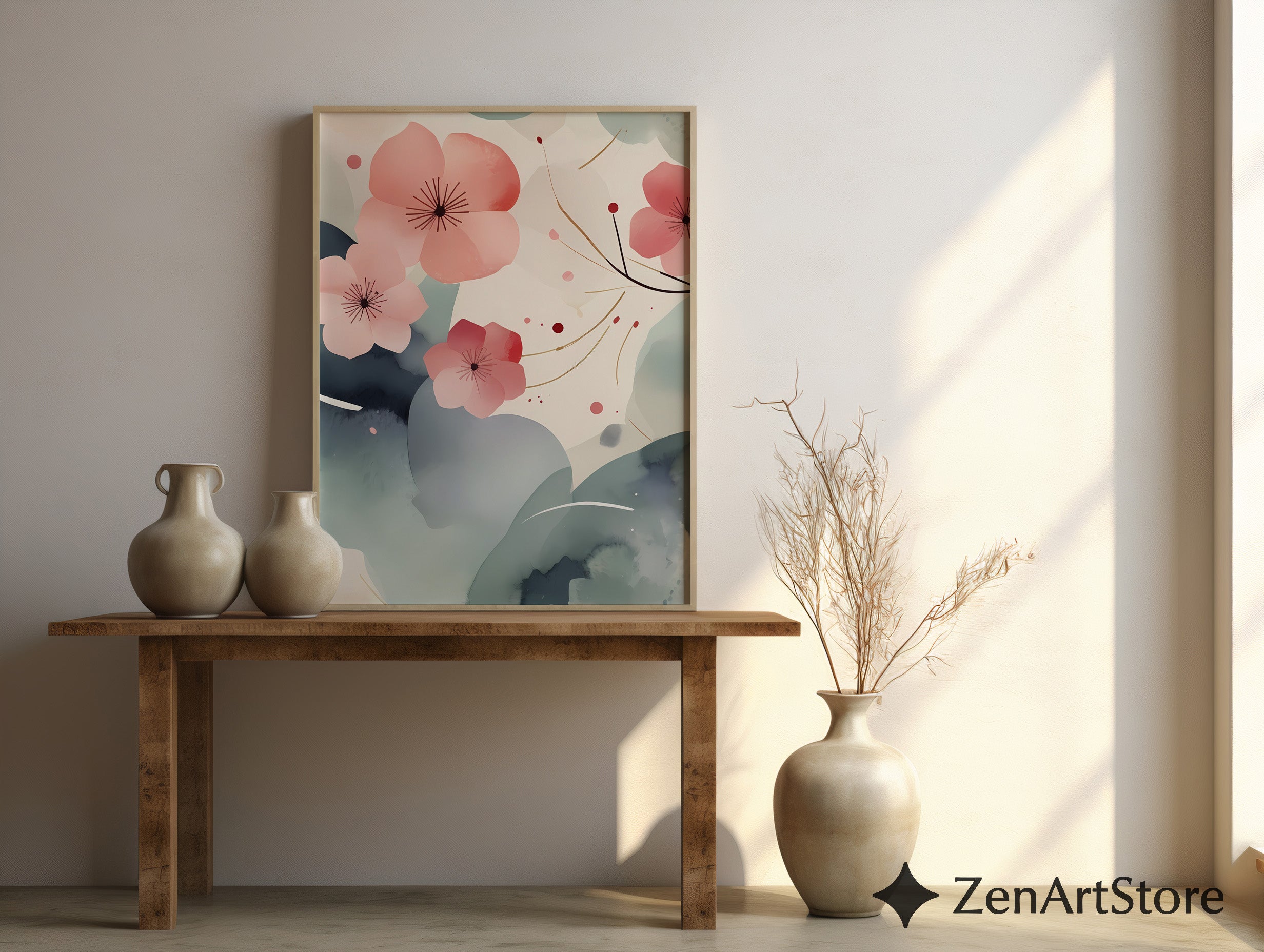 Zen Sakura Abstract Printable Wall Art - Minimal Japanese Cherry Blossom Calm Poster
