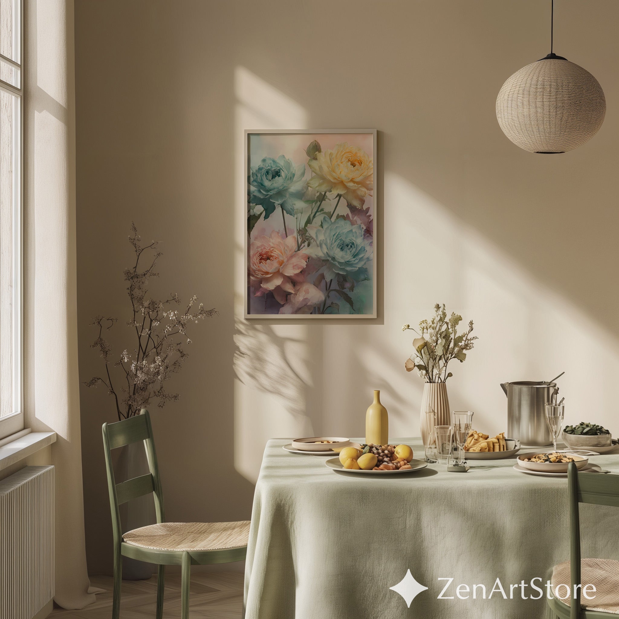 Pastel Peony Floral Wall Art Print, Soft Watercolor Botanical Canvas, Calming Neutral Home Decor (Large Printable)