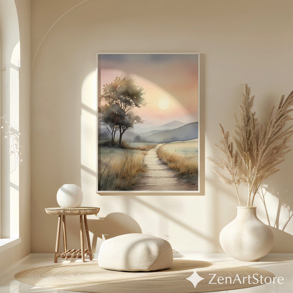 Serene Sunrise Path Watercolor Print - Minimal Neutral Landscape Wall Art for Living Room & Bedroom