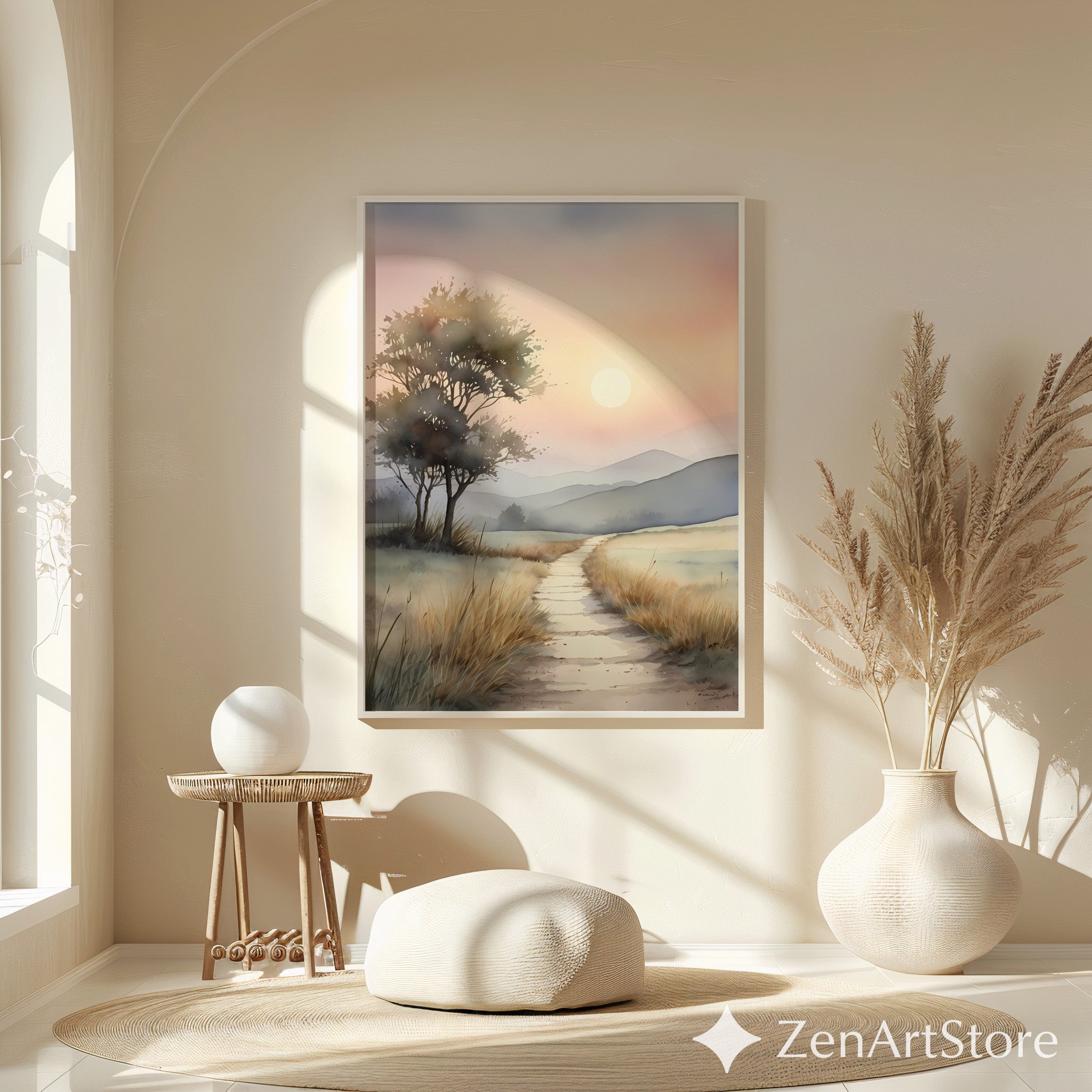 Serene Sunrise Path Watercolor Print - Minimal Neutral Landscape Wall Art for Living Room & Bedroom