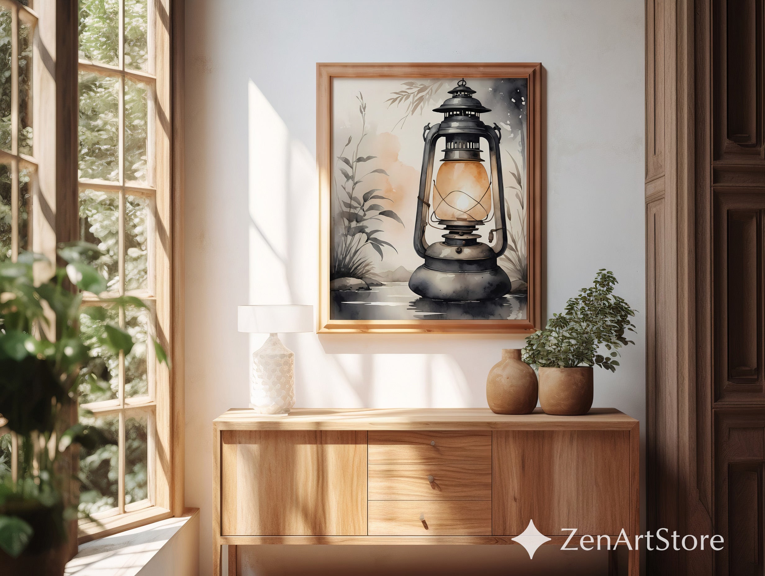 Vintage Lantern Wall Art - Neutral Japandi Wabi Sabi Lantern Illustration, Cozy Minimalist Home Decor Print