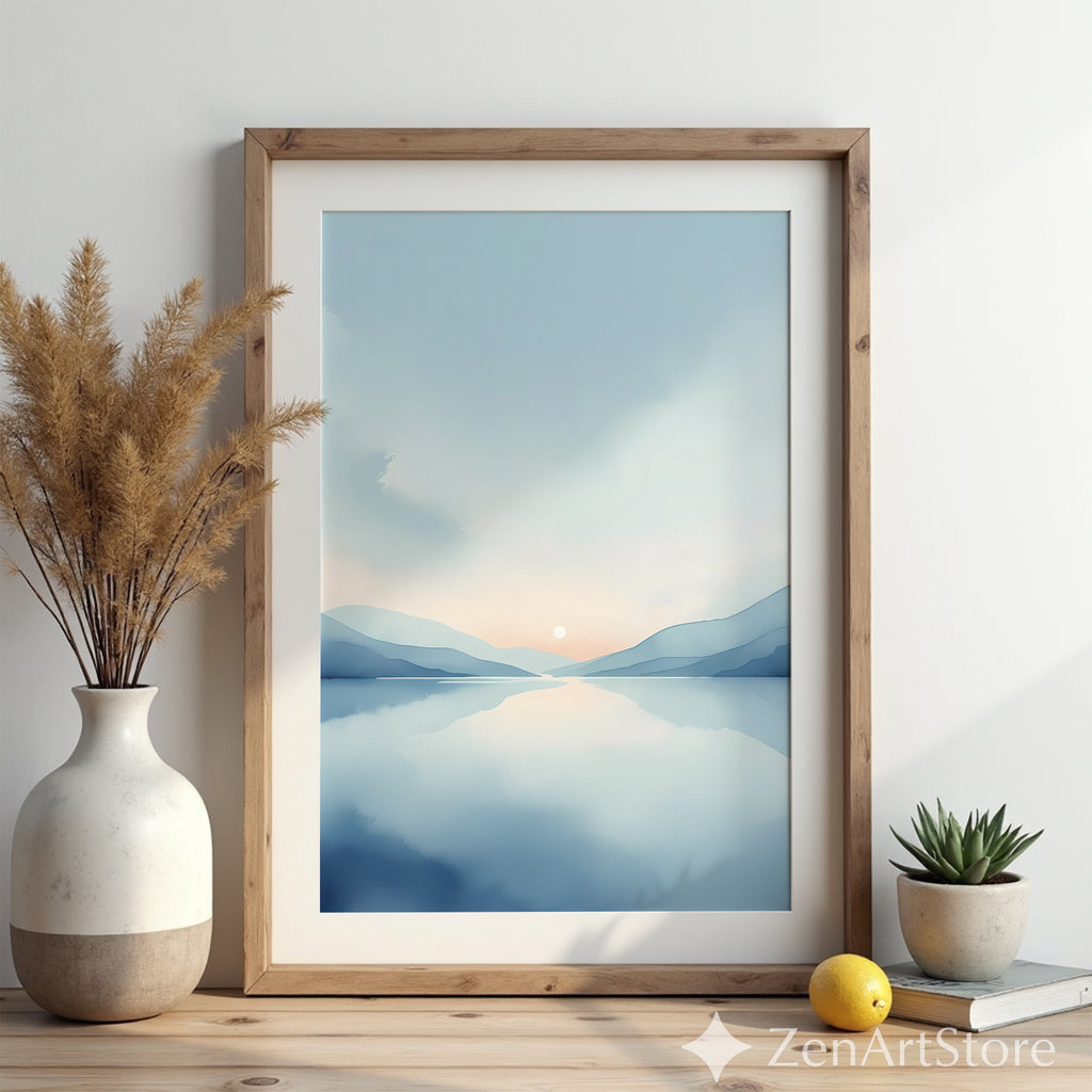 Minimal Blue Landscape Wall Art Calm Sunrise Lake Print - Japandi Scandinavian Abstract Printable & Framed Home Decor