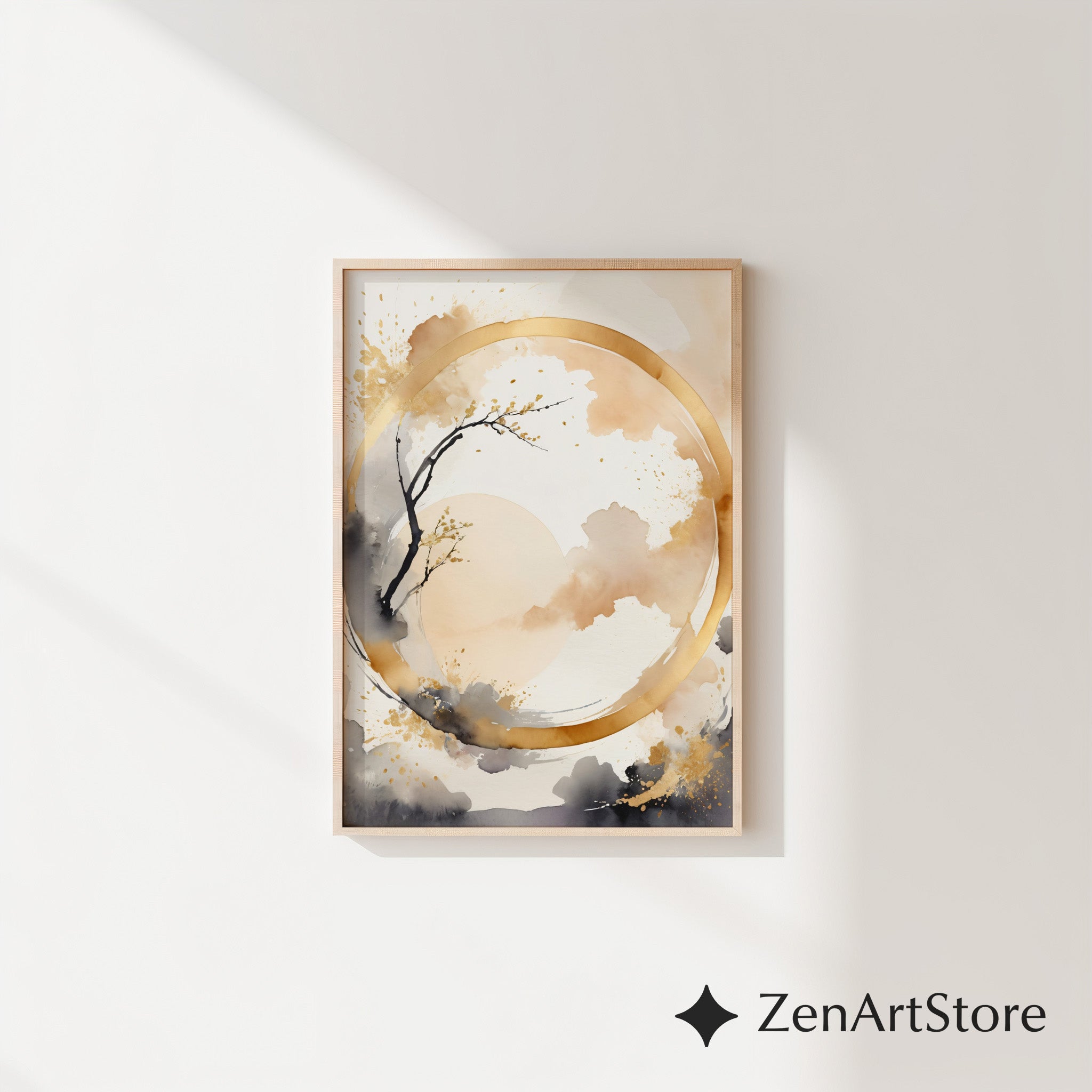 Abstract Zen Gold Circle Wall Art - Minimal Japandi Neutral Print Beige Black Botanical Landscape