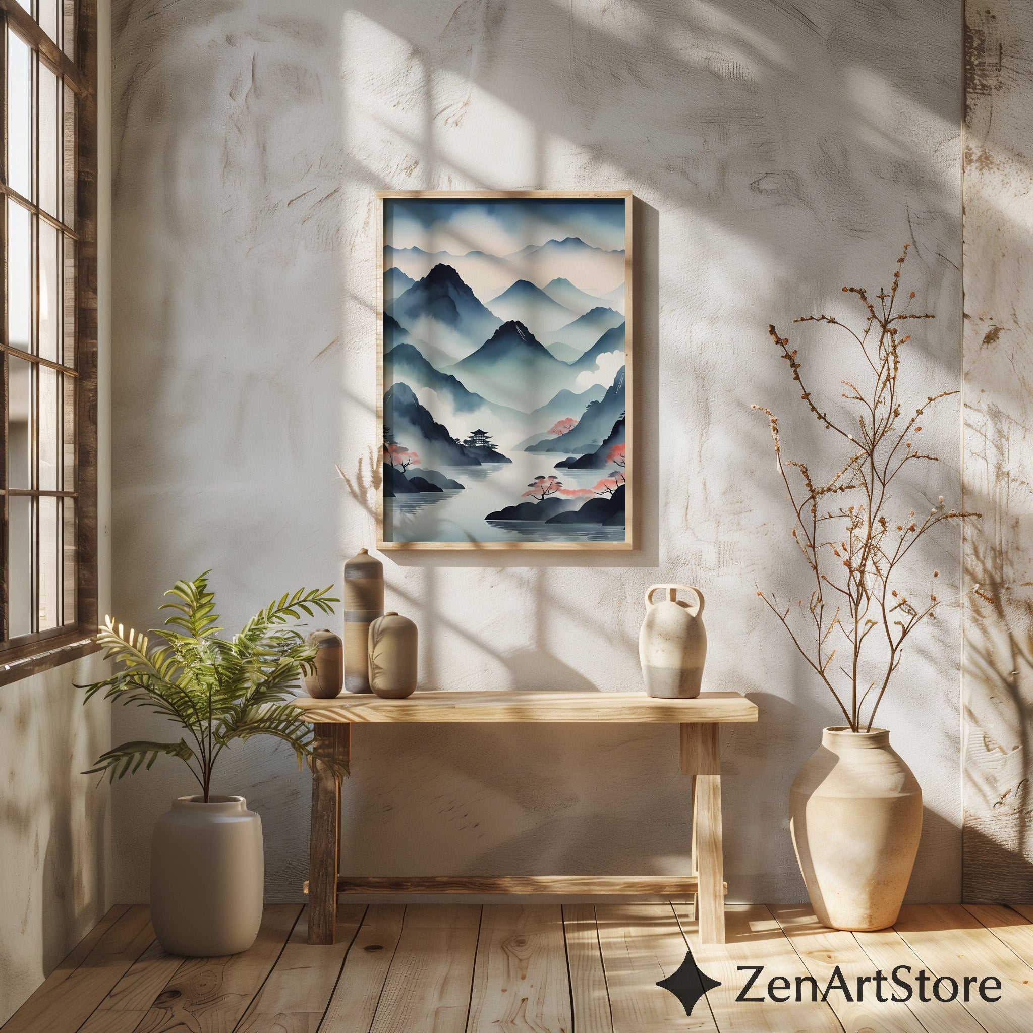 Misty Mountain Japanese Landscape Print - Zen Japandi Watercolor Wall Art for Living Room