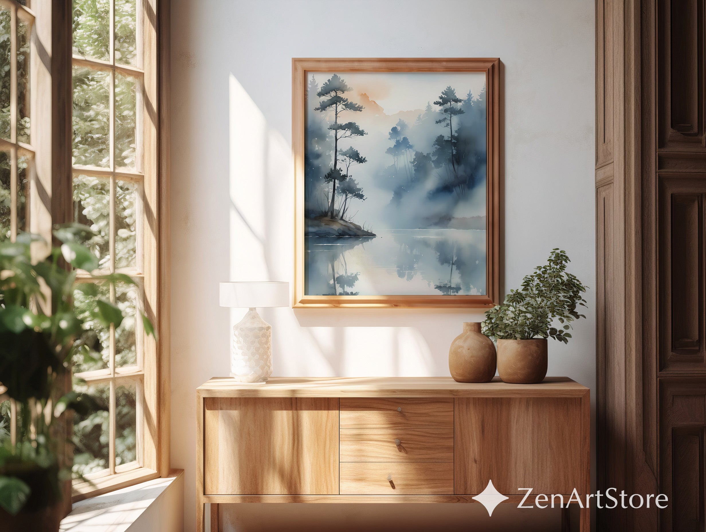 Misty Lake Watercolor Wall Art | Minimal Japandi Landscape Print, Calm Neutral Blue Home Decor