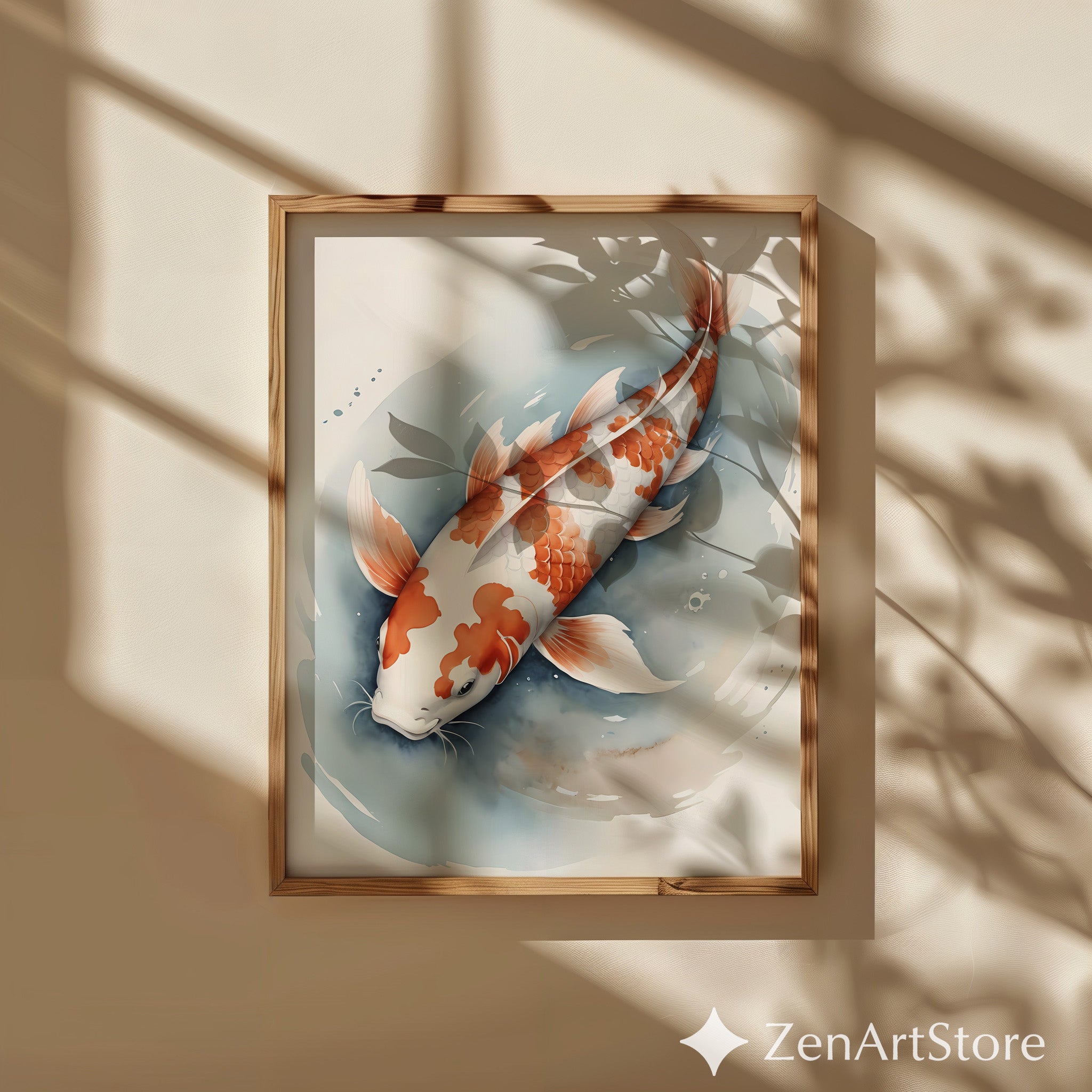 Serene Koi Fish Wall Art - Japanese Koi Watercolor Print for Zen Japandi & Minimal Home Decor in Soft Blue, Cream & Orange
