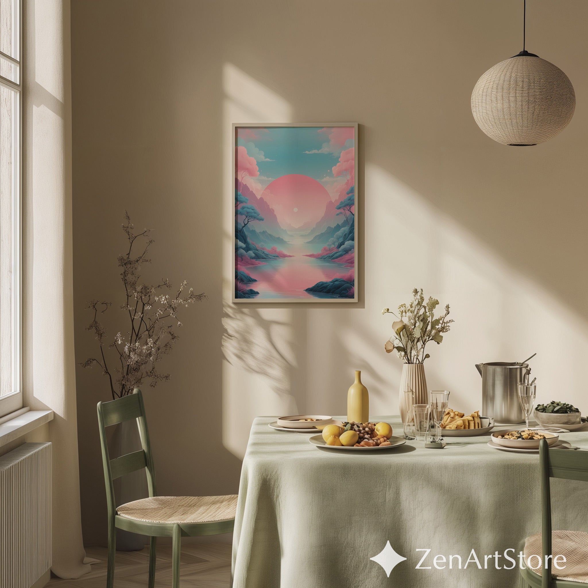 Pastel Sunrise Landscape Wall Art - Pink & Blue Minimal Zen Print for Living Room, Bedroom Japandi Home Decor